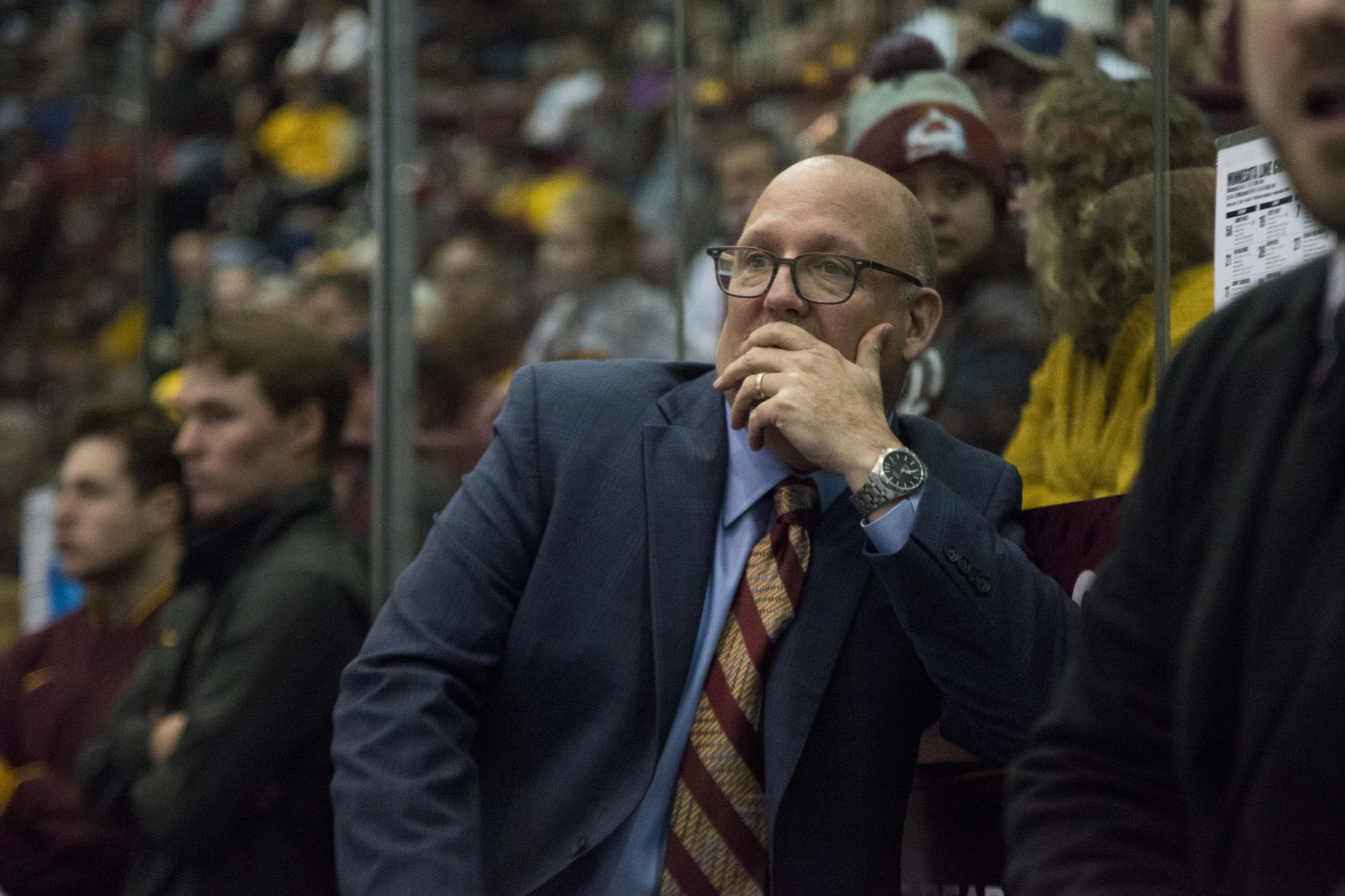 Head coach Bob Motzko watches the game against the Wisconsin Badgers at 3M Arena at Mariucci on Friday, Nov. 22. The Gophers won 4-1.