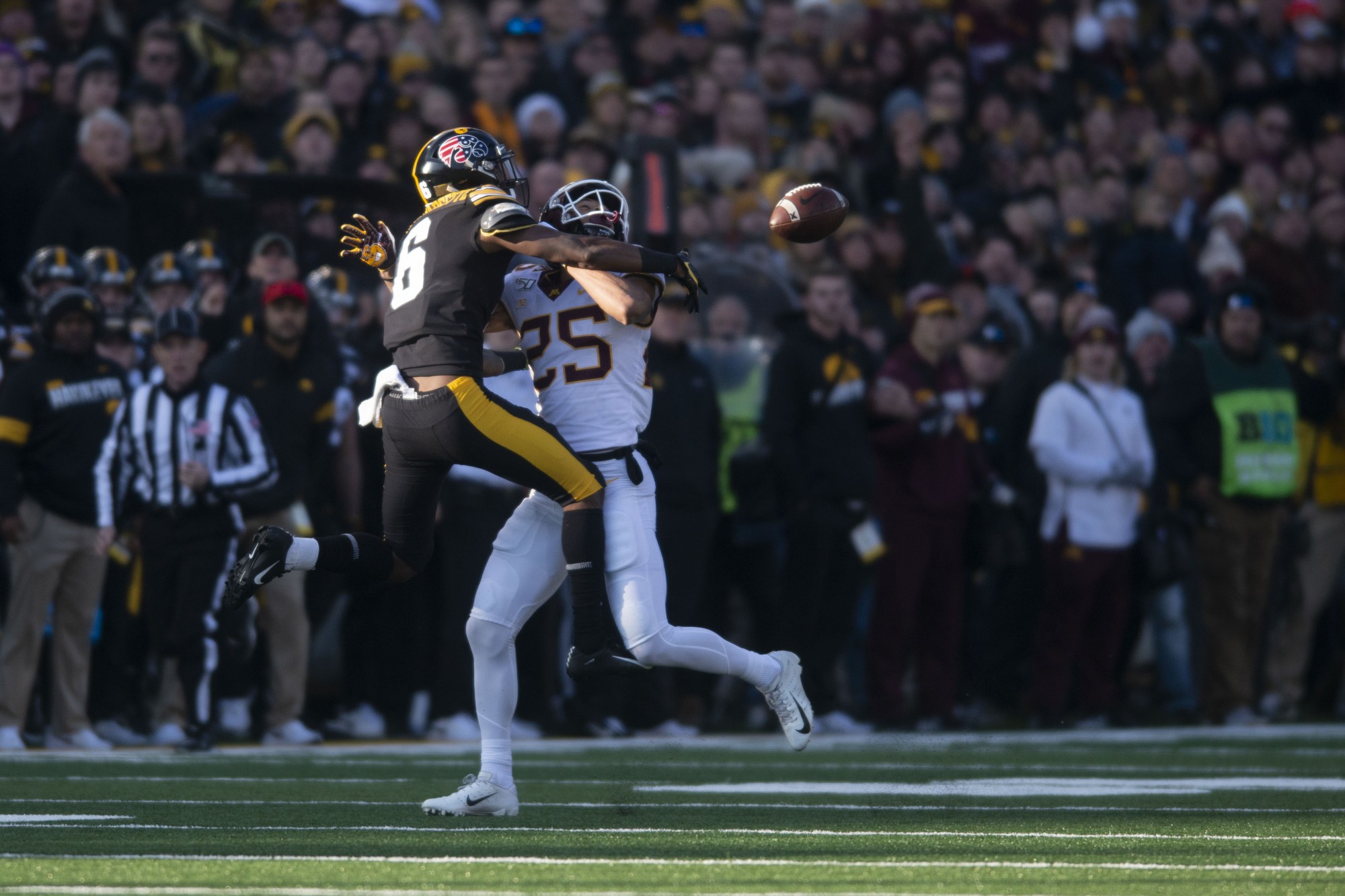 Defensive back Benjamin St-Juste looks to deflect a pass during the first quarter at Kinnick Stadium on Saturday Nov. 16.  Iowa defeated the Gophers 23-19 ending their winning streak and bringing their record to 9-1. 