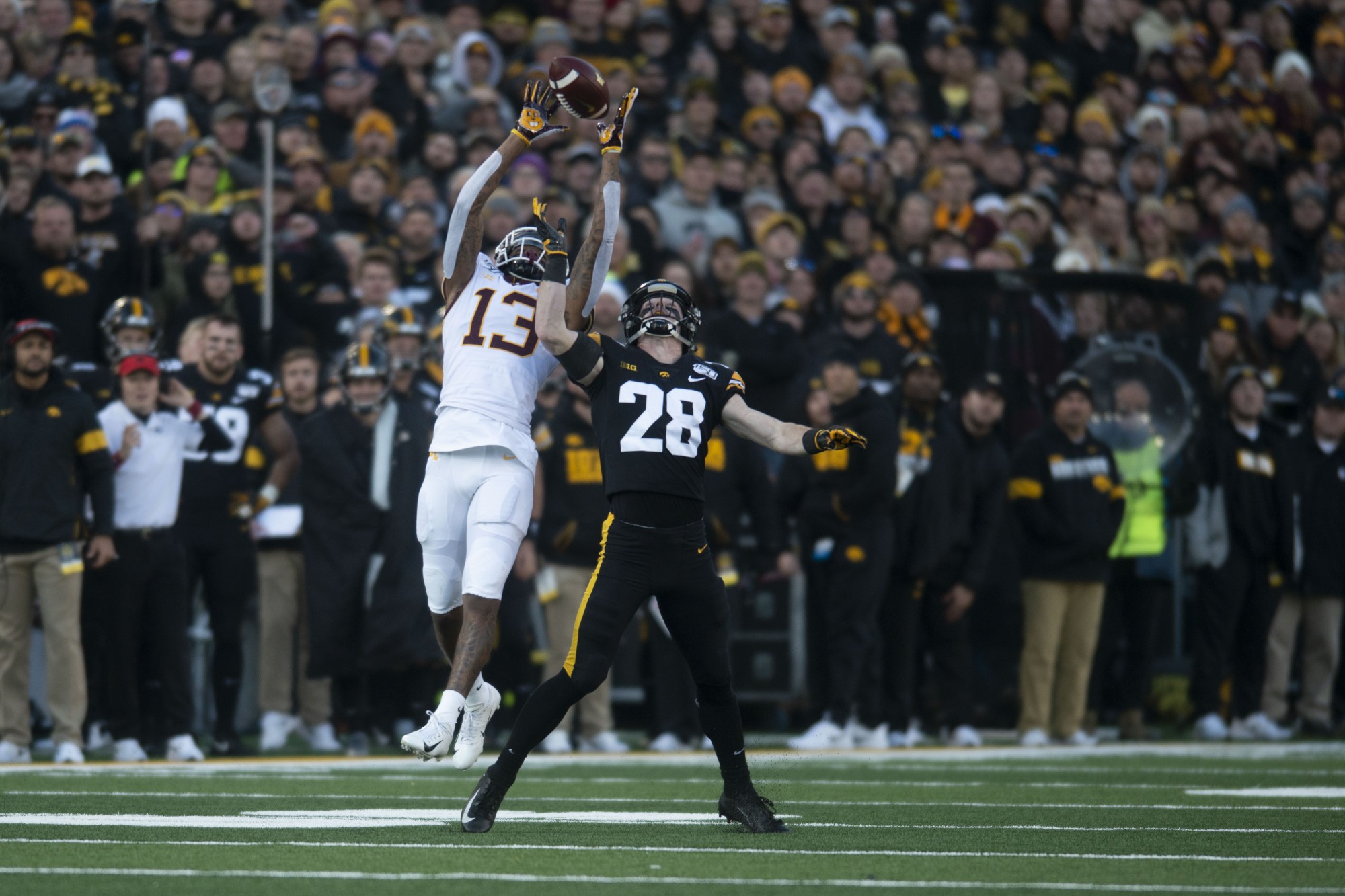 Wide receiver Rashod Bateman looks to catch a pass during the first quarter at Kinnick Stadium on Saturday, Nov. 16. Iowa defeated the Gophers 23-19 ending their winning streak and bringing their record to 9-1. 