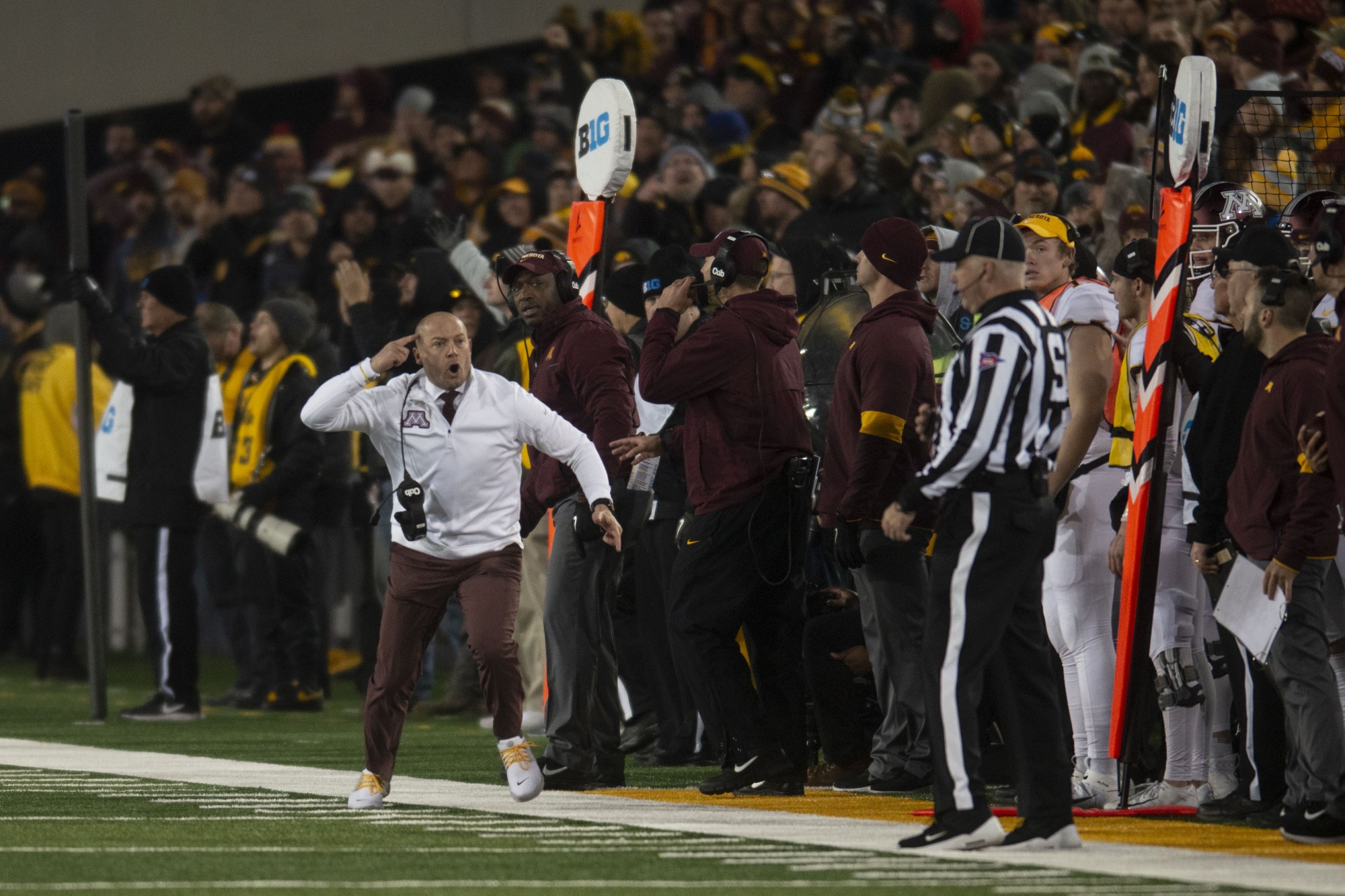 Head Coach P.J. Fleck argues with the referee over a pass interference during the second quarter at Kinnick Stadium on Saturday Nov. 16. Iowa defeated the Gophers 23-19 ending their winning streak and bringing their record to 9-1. 