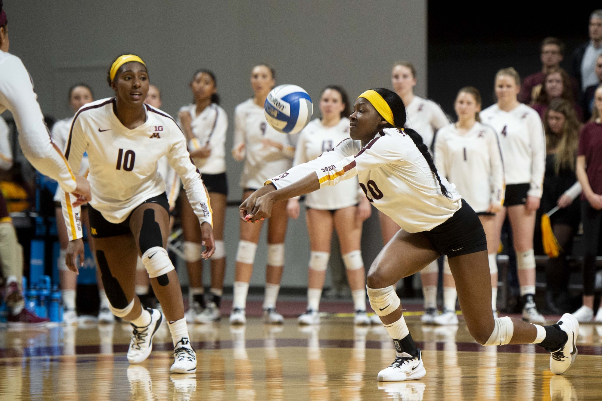 Outside Hitter Adonna Rollins passes the ball to her teammate at the Maturi Pavilion on Friday, Nov. 22. The Gophers took Nebraska to five sets but ultimately fell 3-2. 