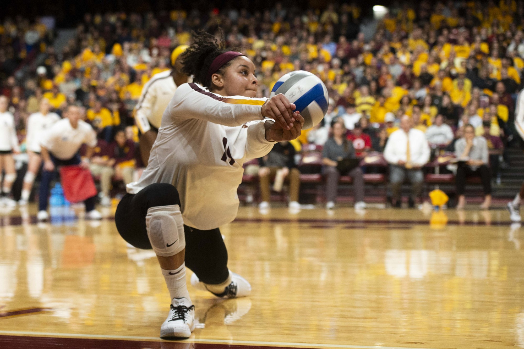 Outside Hitter Alexis Hart dives for the ball at the Maturi Pavilion on Friday, Nov. 22. The Gophers took Nebraska to five sets but ultimately fell 3-2. 