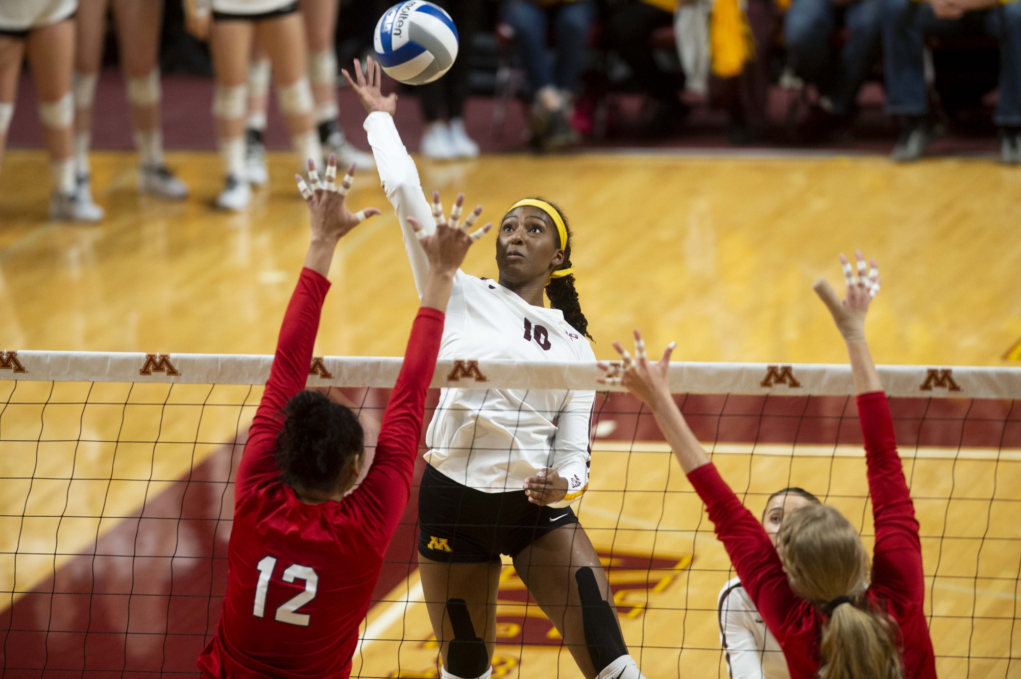 Opposite Hitter Stephanie Samedy jumps to spike the ball at the Maturi Pavilion on Friday, Nov. 22. The Gophers took Nebraska to five sets but ultimately fell 3-2. 
