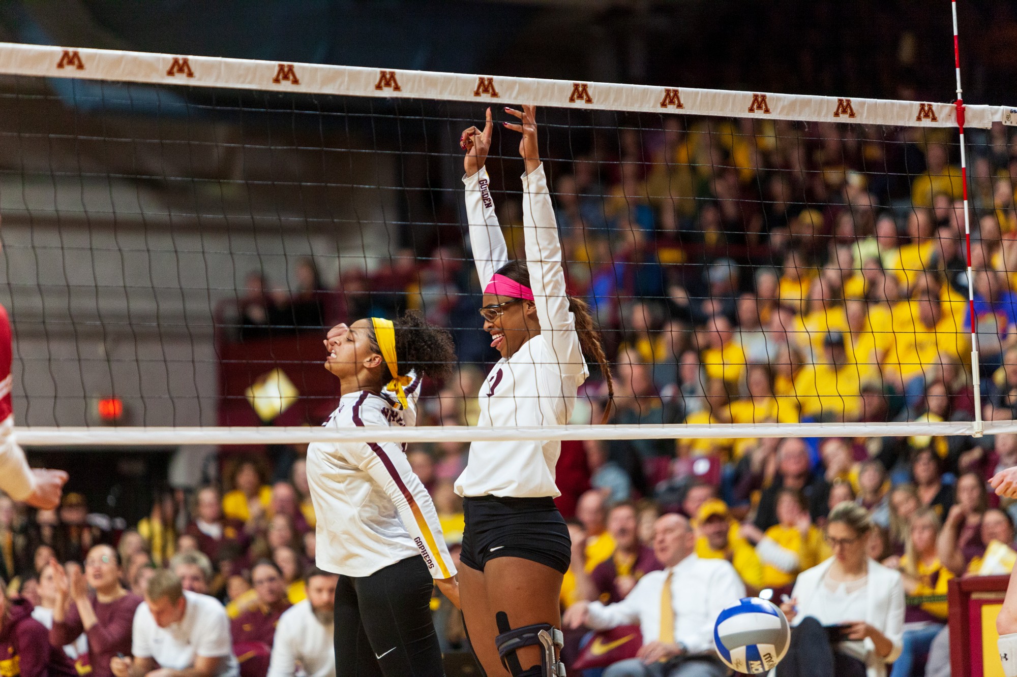 Middle Blocker Taylor Morgan celebrates a point at the Maturi Pavilion on Thursday, Nov. 14. The Gophers ended the night with a 3-1 loss against the Badgers. 