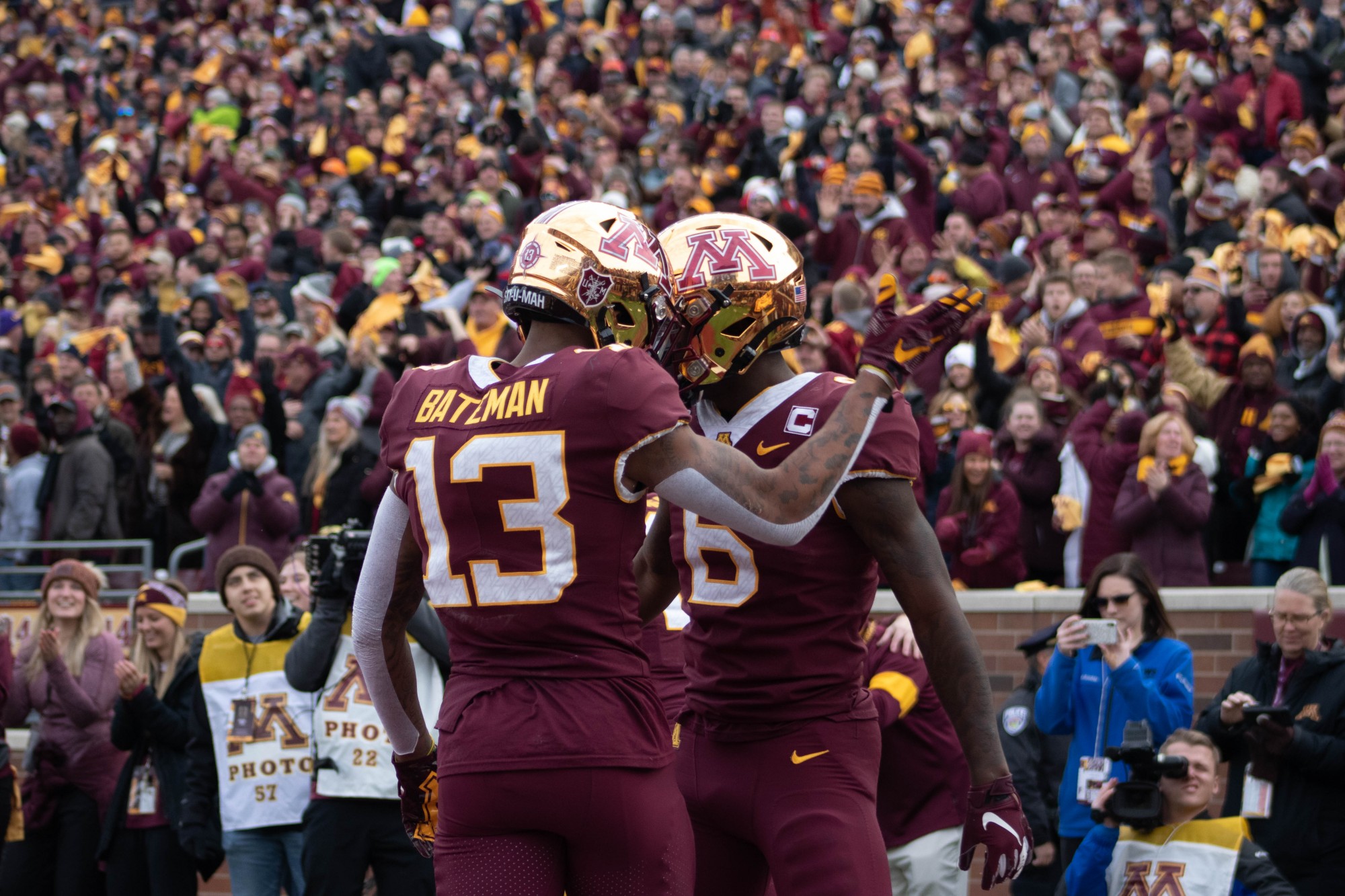Gopher wide receivers Rashod Bateman and Tyler Johnson embrace after Johnson’s touchdown during historic Penn State game on Nov. 9, 2019.(Liam Armstrong / Minnesota Daily)