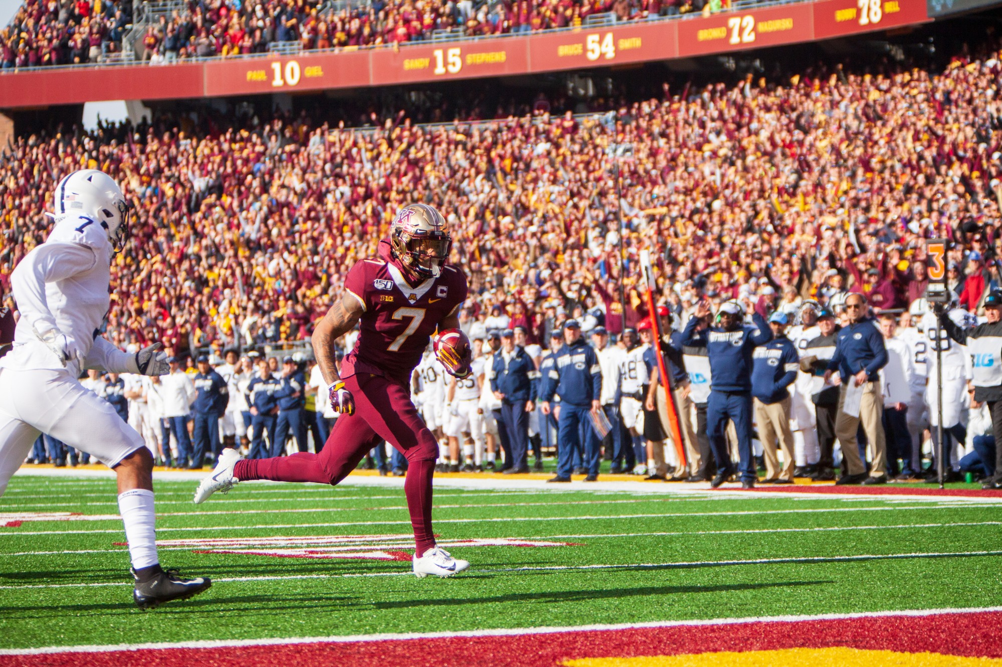 Wide Receiver Chris Autman-Bell approaches the end zone at TCF Bank Stadium on Saturday, Nov. 9. The Gophers defeated Penn State 31-26 to bring their record to 9-0. A first since 1904.