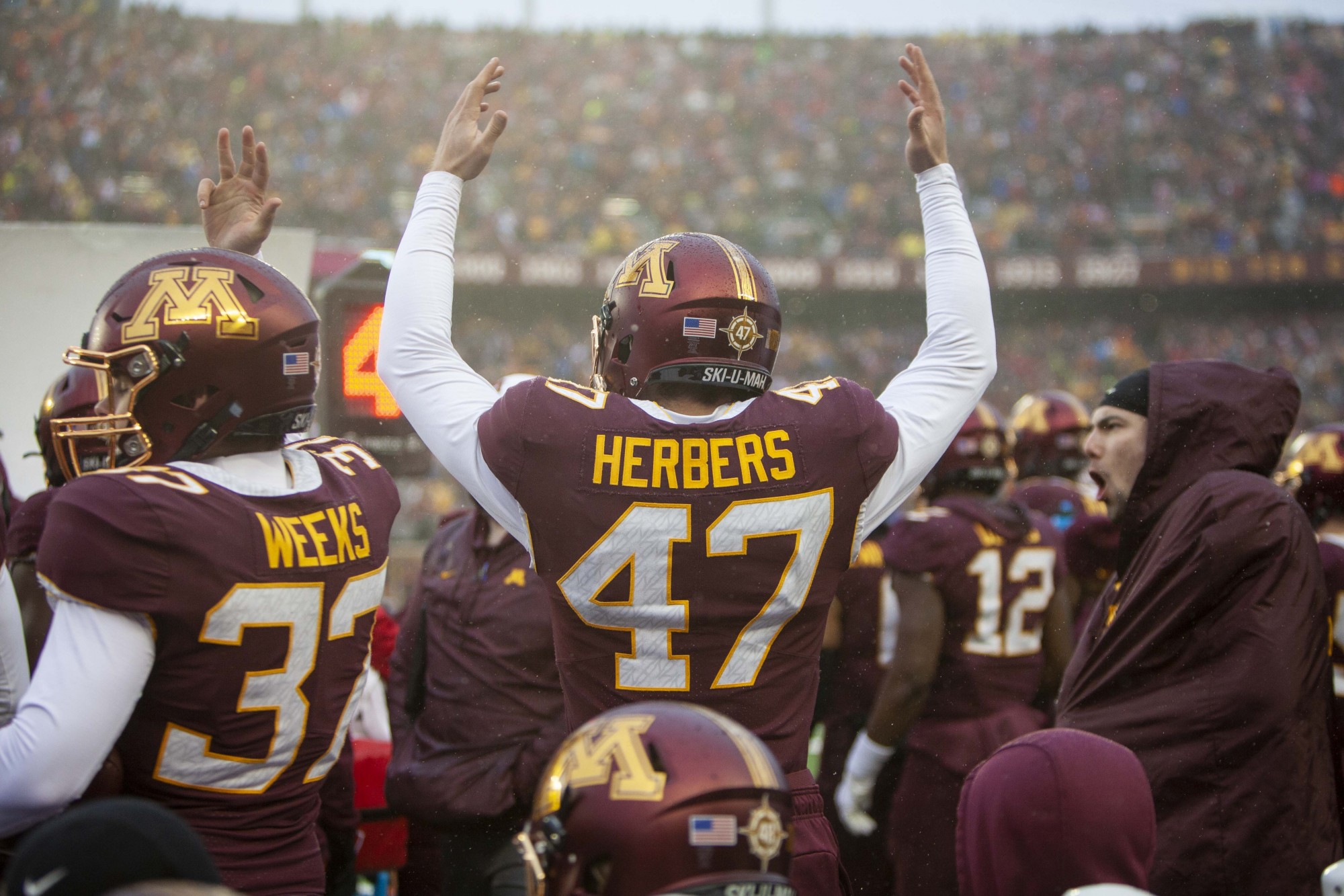 Punter Jacob Herbers hypes the Gophers up at TCF Bank Stadium on Saturday, Nov. 30. 
