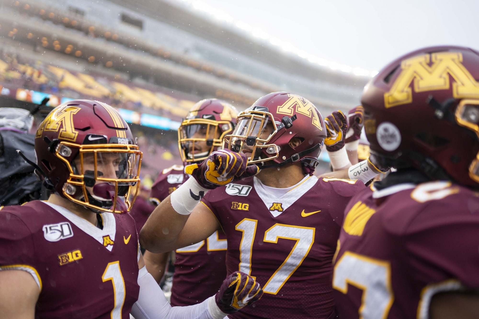 Wide receiver Seth Green hypes the team up before the start of the game at TCF Bank Stadium on Saturday, Nov. 30. 