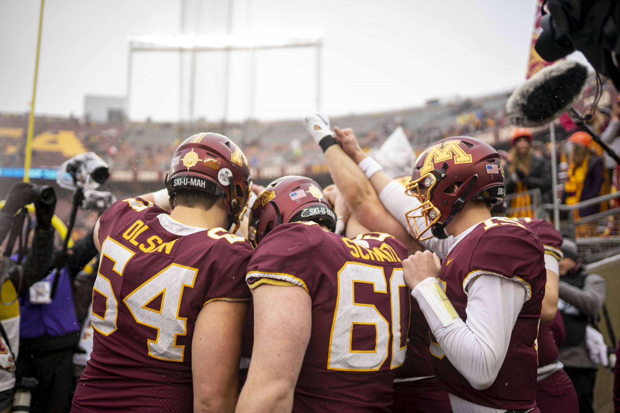 Offensive Lineman John Michael Schmitz hypes the team up right before the start of the game at TCF Bank Stadium Saturday, Nov. 30. 