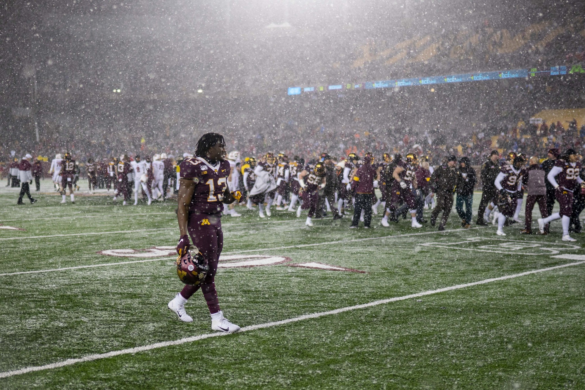 Linebacker James Gordon leaves the field after losing to the Badgers at TCF Bank Stadium on Saturday, Nov. 30. Wisconsin won 38-17 reclaiming Paul Bunyans Axe. 