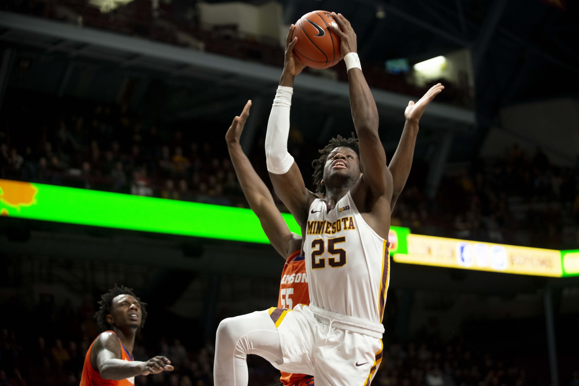 Center Daniel Oturu does a layup at Williams Arena on Monday, Dec. 2. The Gophers defeated Clemson 78-60. 