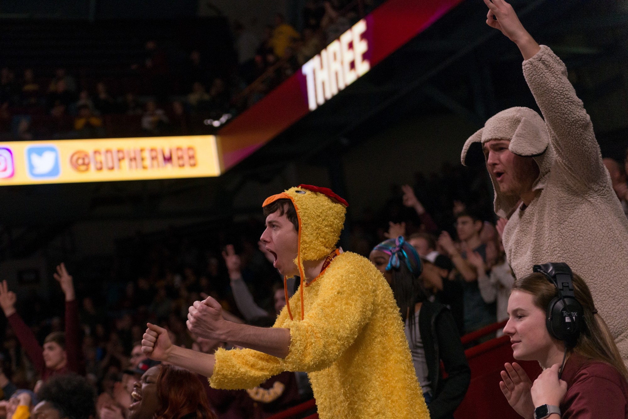 A Gophers fan wearing a chicken costume cheers on the team at Williams Arena on Wednesday, Jan. 15.  Minnesota defeated the Penn State Nittany Lions 75-69. (Kamaan Richards / Minnesota Daily)