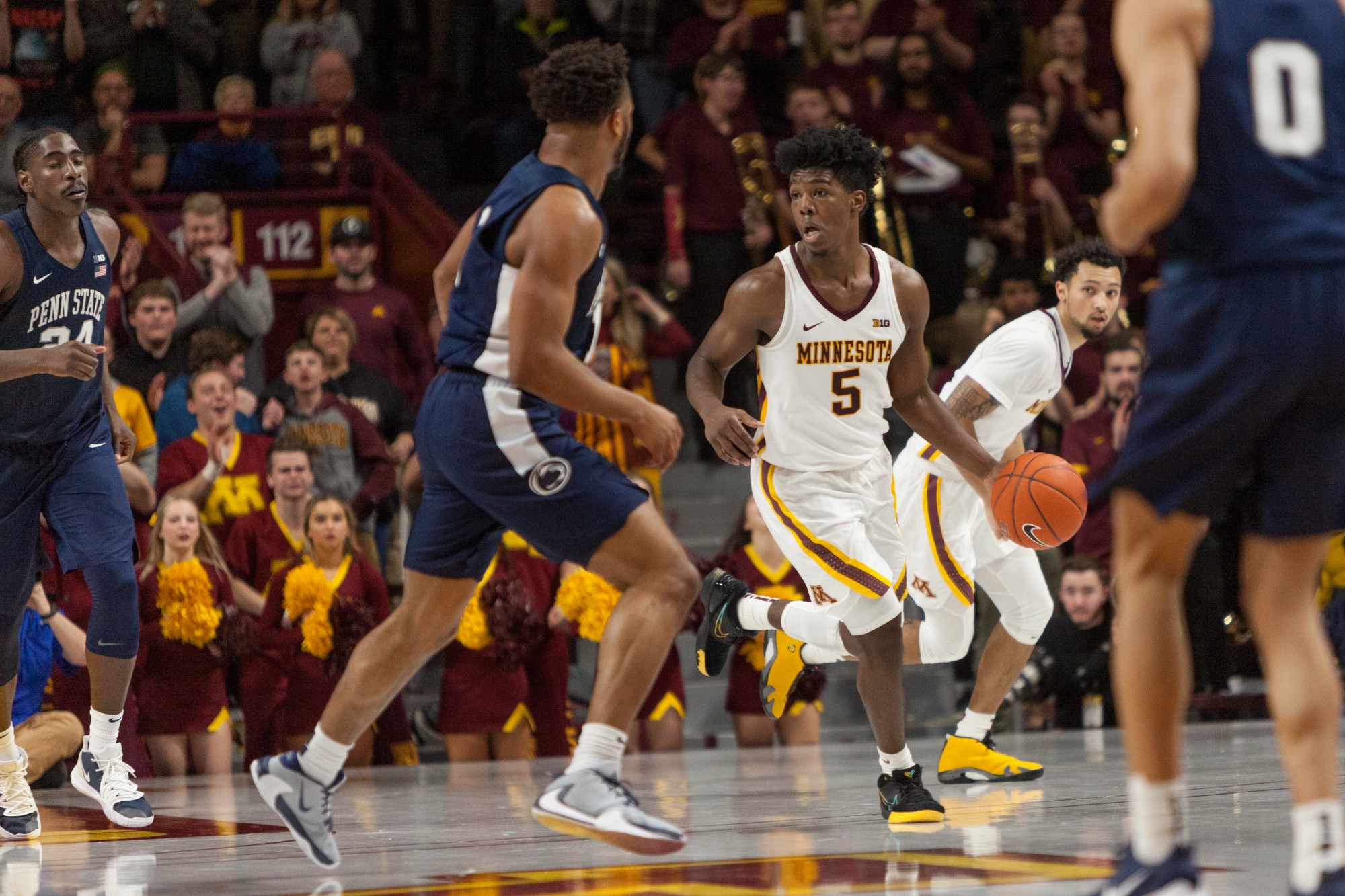 Gophers Guard Marcus Carr makes his way down the court at Williams Arena on Wednesday, Jan. 15.  Minnesota defeated the Penn State Nittany Lions 75-69. (Kamaan Richards / Minnesota Daily)