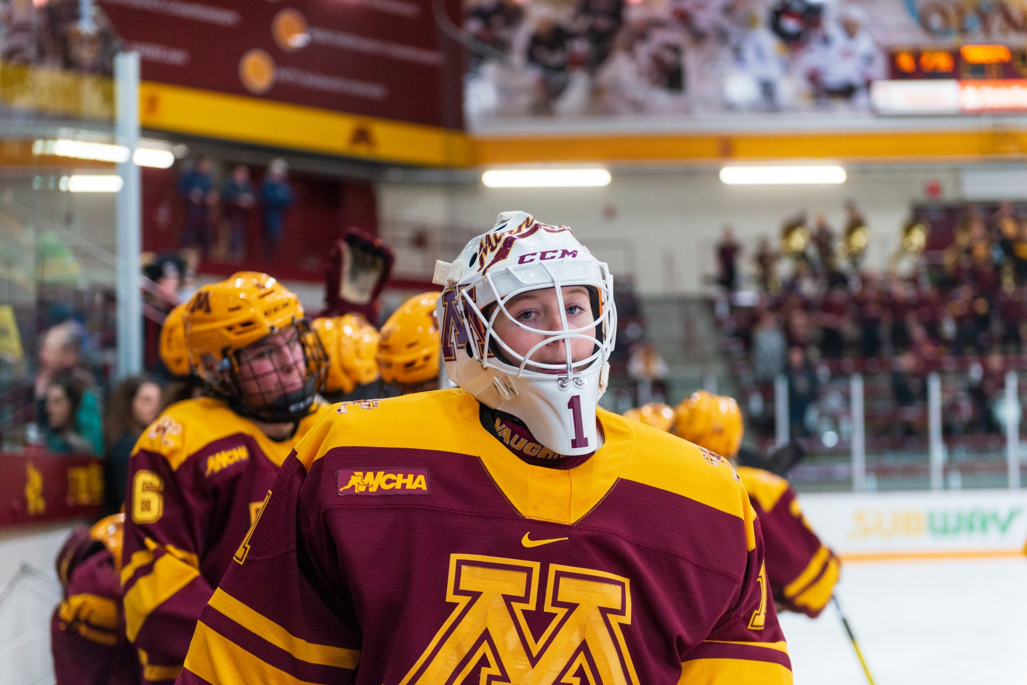 Gophers Goaltender Olivia King walks along the bench at Ridder Arena on Friday, Jan. 17.  Minnesota suffered a 1-4 loss to Ohio State. (Kamaan Richards / Minnesota Daily)