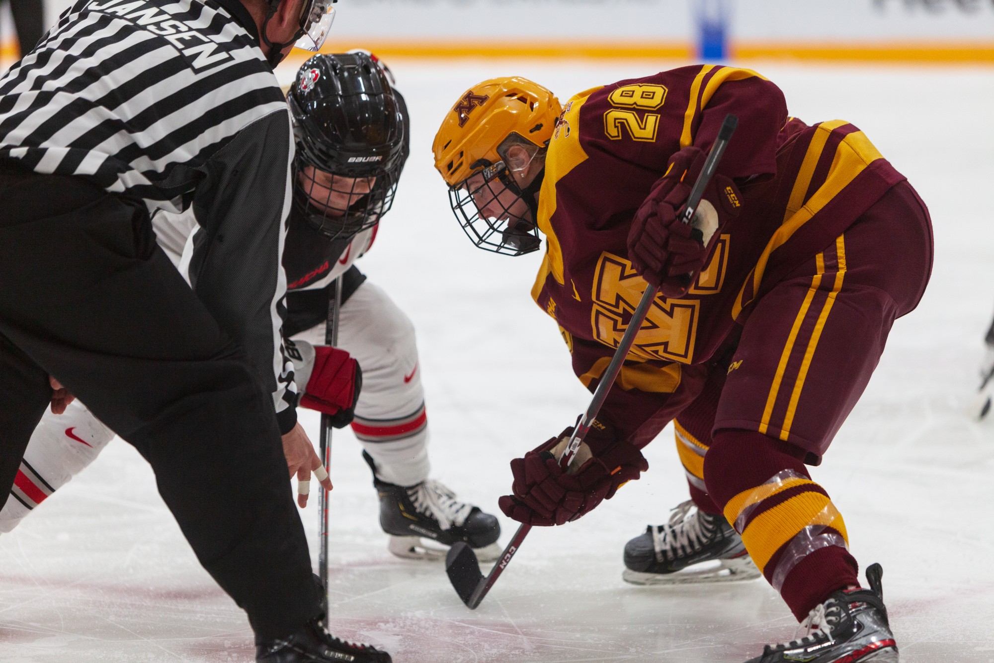 Gophers Forward Taylor Wente waits for the puck to drop at Ridder Arena on Friday, Jan. 17.  Minnesota suffered a 1-4 loss to Ohio State. (Kamaan Richards / Minnesota Daily)