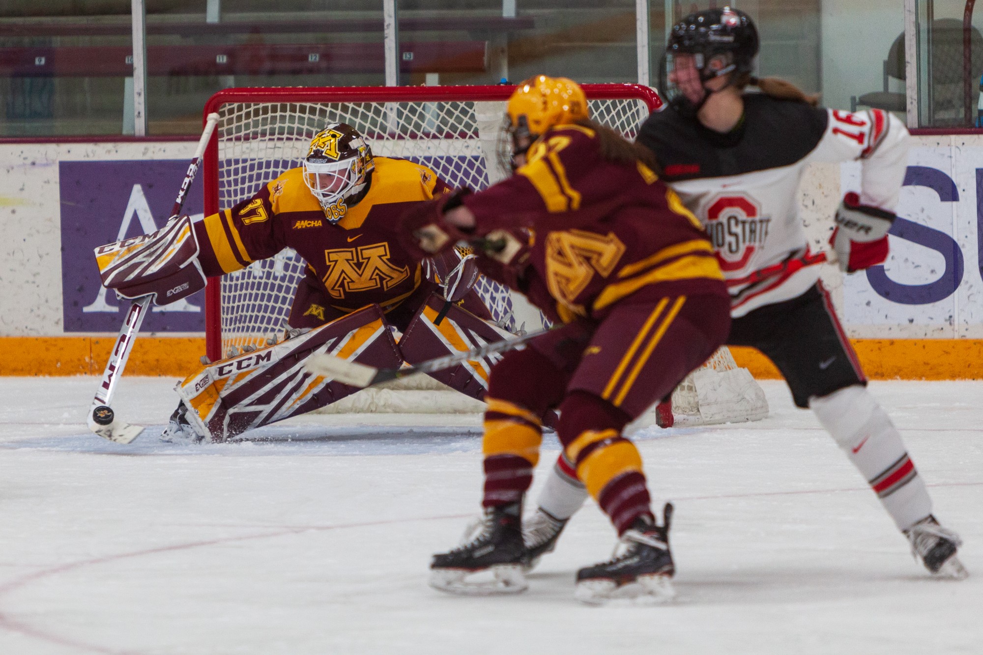Gophers Goaltender Sydney Scobee deflects the puck at Ridder Arena on Friday, Jan. 17.  Minnesota suffered a 1-4 loss to Ohio State. (Kamaan Richards / Minnesota Daily)