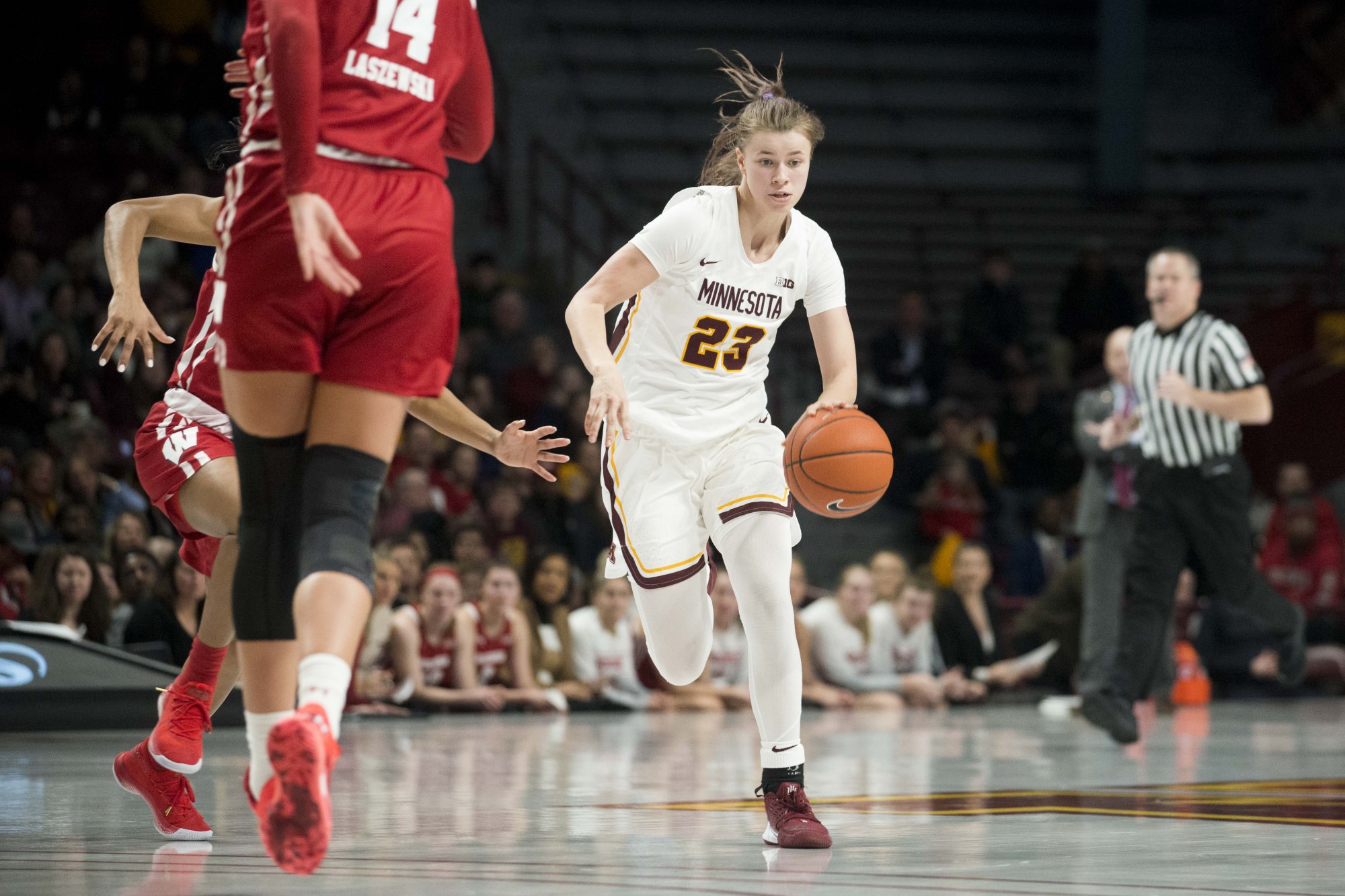 Guard Masha Adashchyk brings the ball at Williams Arena on Wednesday, Jan. 22. The Gophers were defeated by Wisconsin 72-62. 