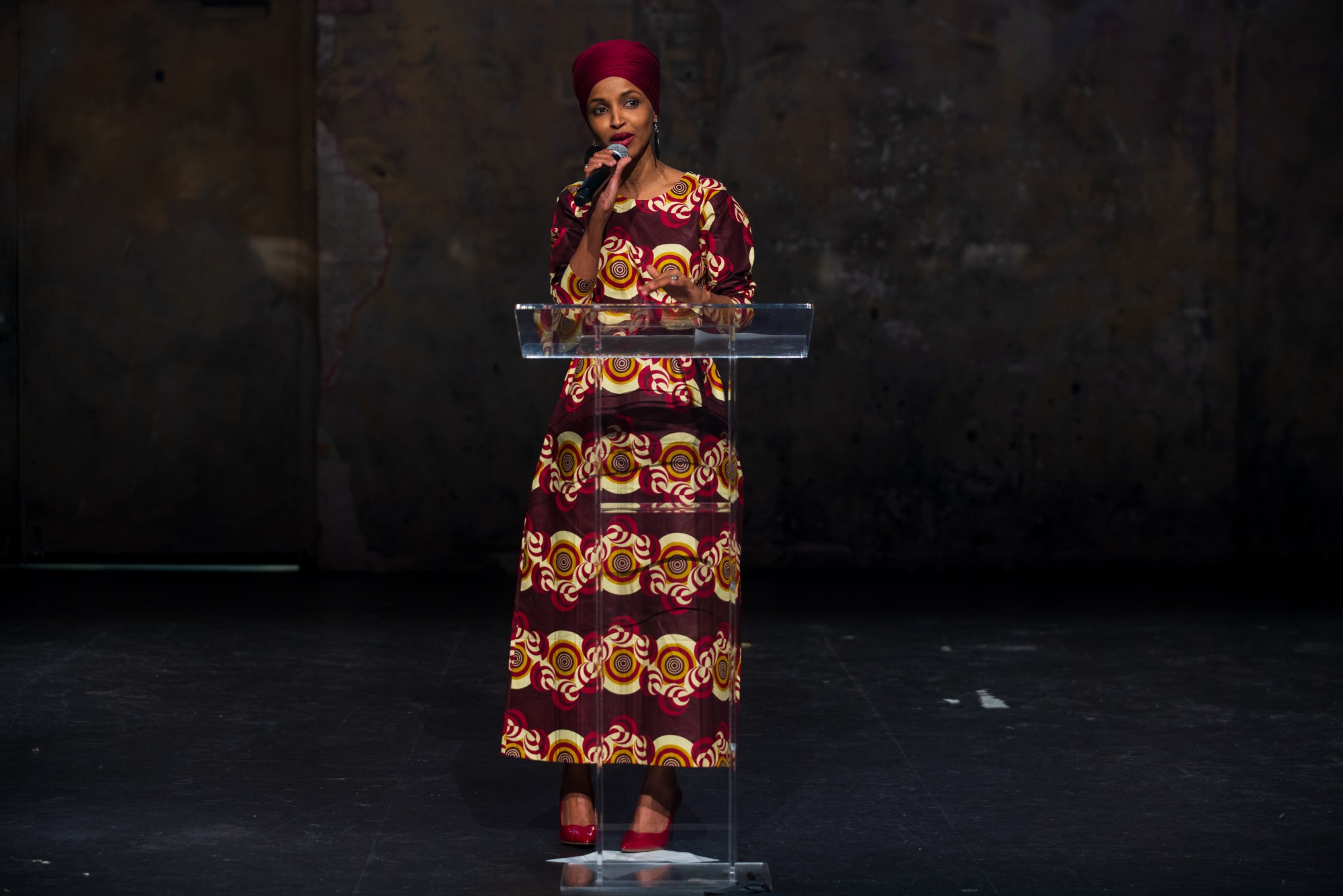 Congresswoman Ilhan Omar addresses an audience at Ilhan Omar 2020 Reelection Kickoff: “Send Her Back to Congress” at Aria on Thursday, Jan. 23, 2020. (Nur B. Adam / Minnesota Daily)