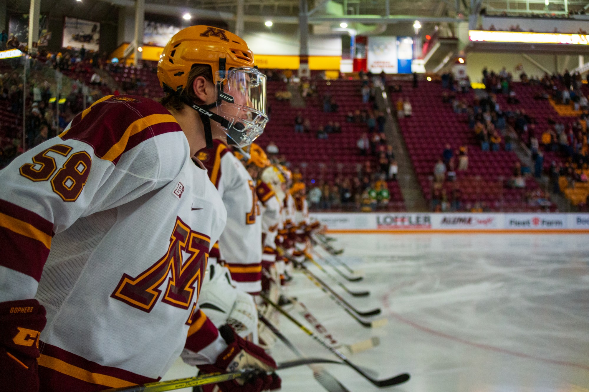 The Gophers line up in preparation for their game against Ohio State at 3M Arena at Mariucci on Friday, Jan. 24, 2020. The Gophers ended the night with a 6-3 victory over Ohio State. 