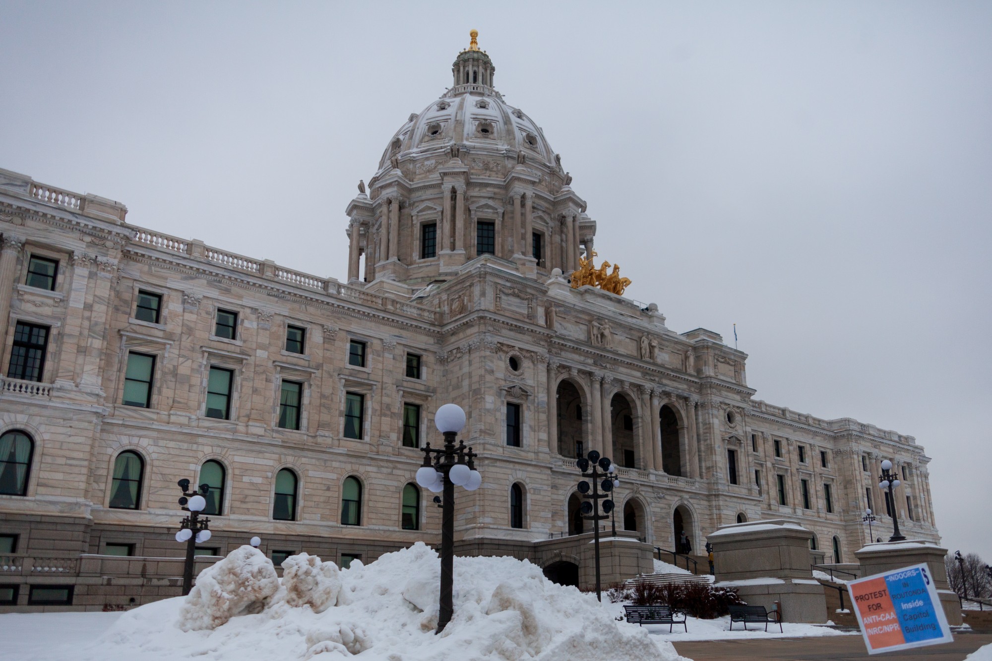 A sign guides protestors to an event opposing Indias recent passage of the Citizenship Amendment Act at the Minnesota State Capitol Building on Sunday, Jan. 26. This legislation offers Indian citizenship to refugees of several religious groups, but does not apply to Muslims, despite their making up nearly 15% of the Indian population.