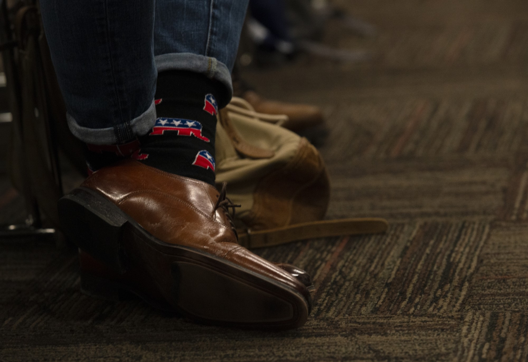 Chase Christopherson wears socks bearing the Republican party’s elephant at a meeting on Tuesday, Jan. 21 in Coffman Union. Christopherson has been involved with the initiative to re-elect president Trump since October of 2019 when the group formed. 