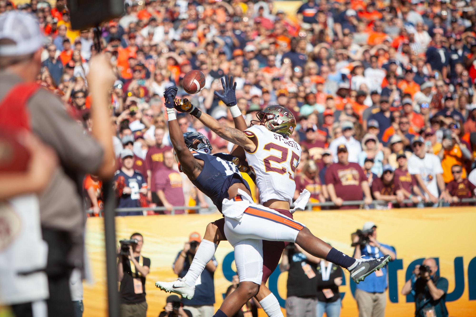 Gophers Defensive Back Benjamin St-Juste leaps for an Auburn pass at Raymond James Stadium in Tampa, Florida on Wednesday, Jan. 1. Minnesota holds a 24-17 lead over Auburn heading into the third quarter of the Outback Bowl. (Kamaan Richards / Minnesota Daily)