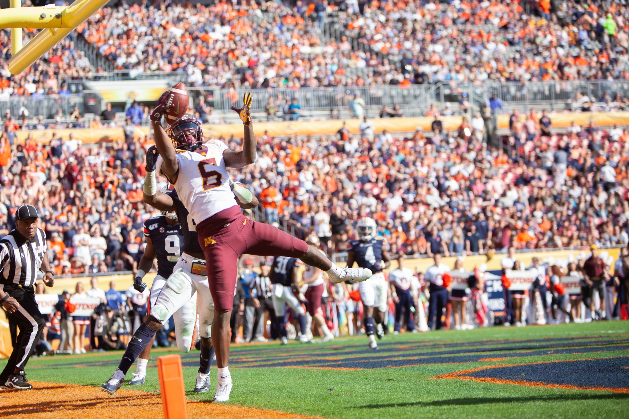 Gophers Wide Receiver Tyler Johnson receives a pass in the endzone at Raymond James Stadium in Tampa, Florida on Wednesday, Jan. 1. Minnesota holds a 24-17 lead over Auburn heading into the third quarter of the Outback Bowl. (Kamaan Richards / Minnesota Daily)