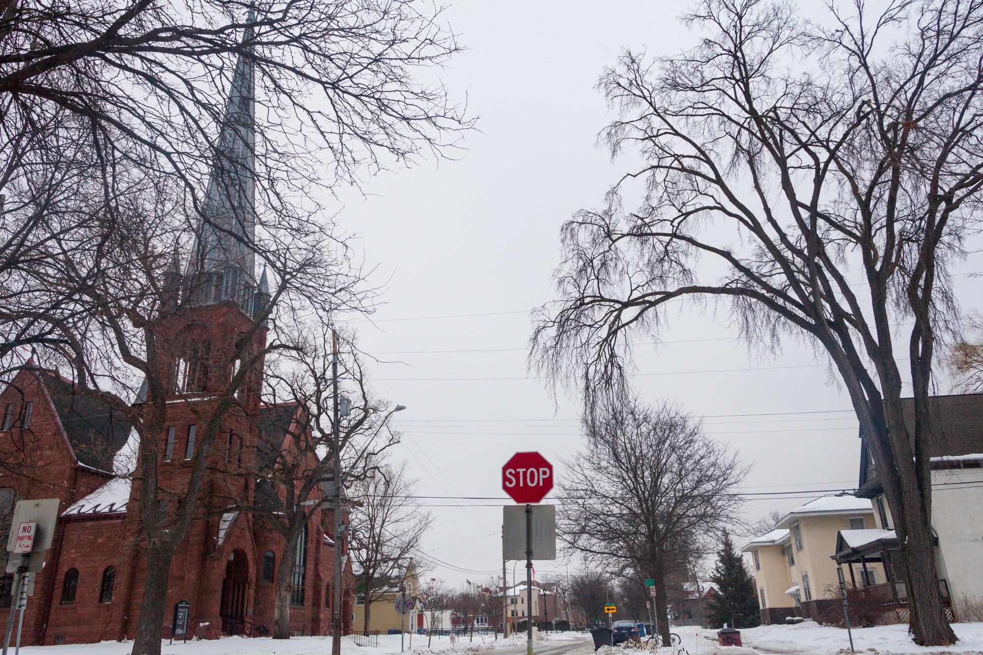 The First Congregational Church is nestled between single family residences in the Marcy Holmes neighborhood on Tuesday, Jan. 28.  The neighborhood provides housing for a significant number of University students.