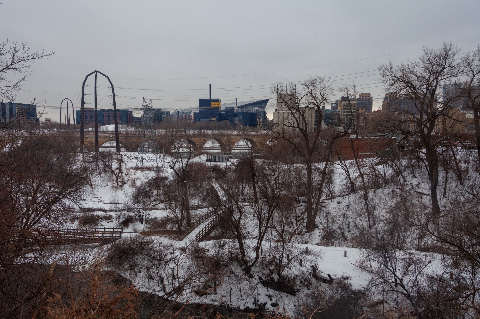 U.S. Bank Stadium, the Stone Arch Bridge and Downtown Minneapolis are visible from Father Hennepin Bluff Park in the Marcy Holmes neighborhood on Tuesday, Jan. 28.  The neighborhood provides housing for a significant number of University students.