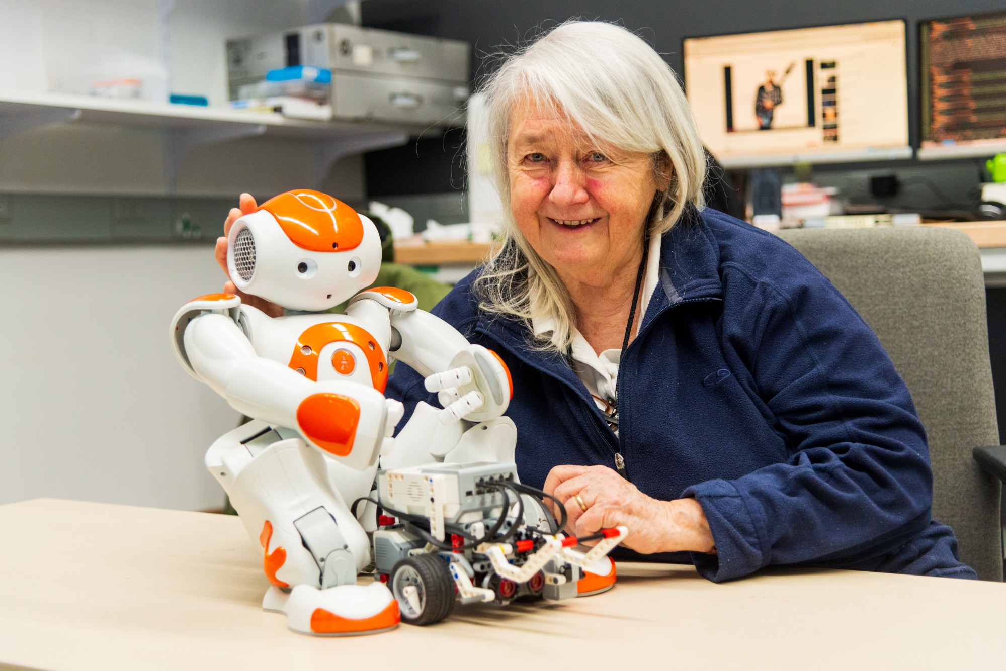 Professor of Robotics Dr. Maria Gini poses for a portrait with a small robot in Shepherd Labs on Thursday, Feb. 6. The University of Minnesota is set to begin offering a Master’s program for robotics in Fall of 2020.