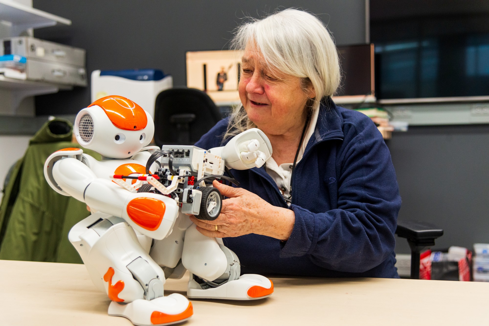 Professor of Robotics Dr. Maria Gini interacts with a robot in Shepherd Labs on Thursday, Feb. 6. The University of Minnesota is set to begin offering a Master’s program for robotics in Fall of 2020. 