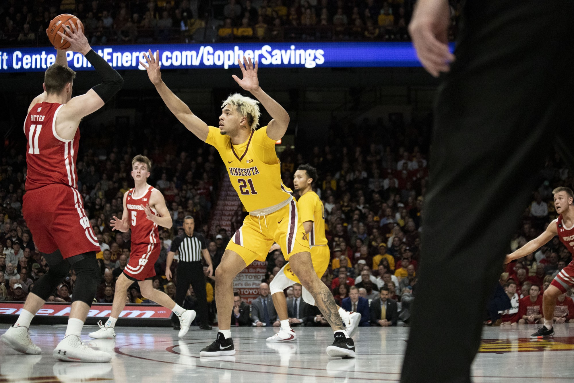 Forward Jarvis Omersa looks to block the ball at Williams Arena on Wednesday, Feb. 5. The Gophers beat the Badgers 70-52. 