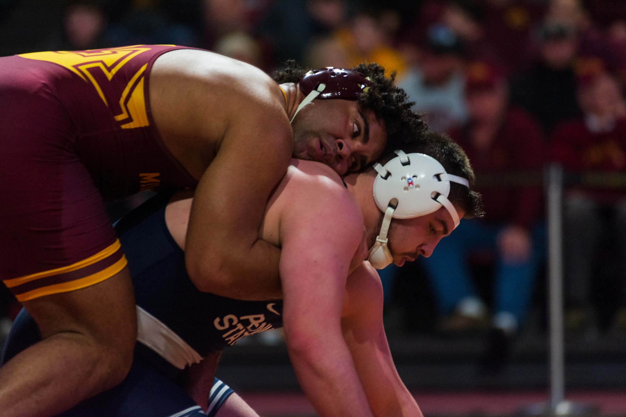 Gophers Sophomore Gable Steveson grapples with his opponent at Maturi Pavilion on Sunday, Feb. 9. The Gophers lost to Penn State 31-10.