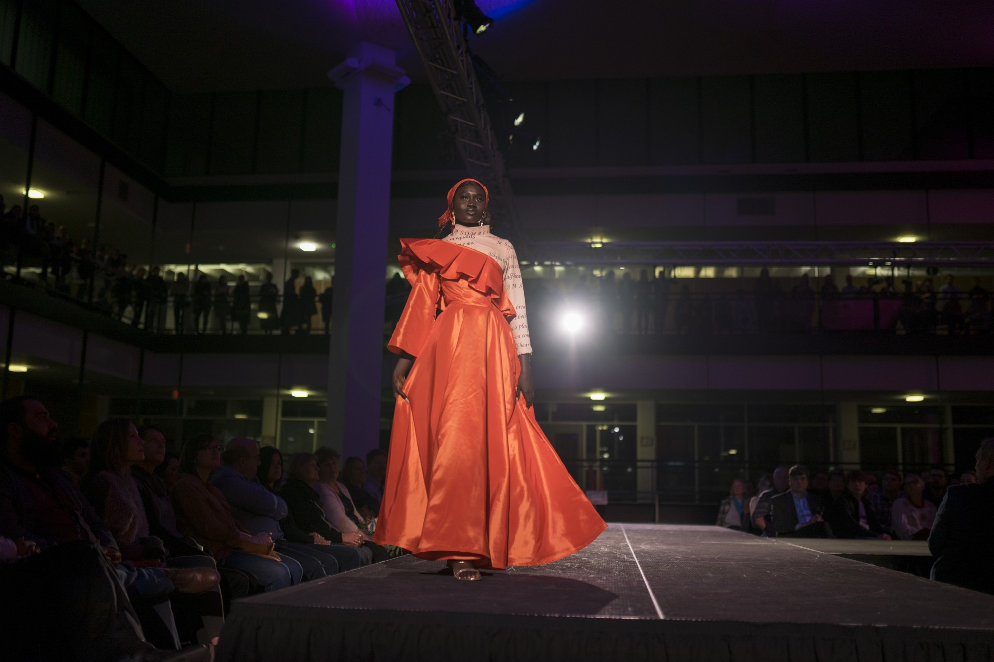 A model showing Designer Warda Moosas work walks the runway at the Amplified fashion show at Rapson Hall on Saturday, Feb 15. The show features designs by University of Minnesota apparel design seniors.