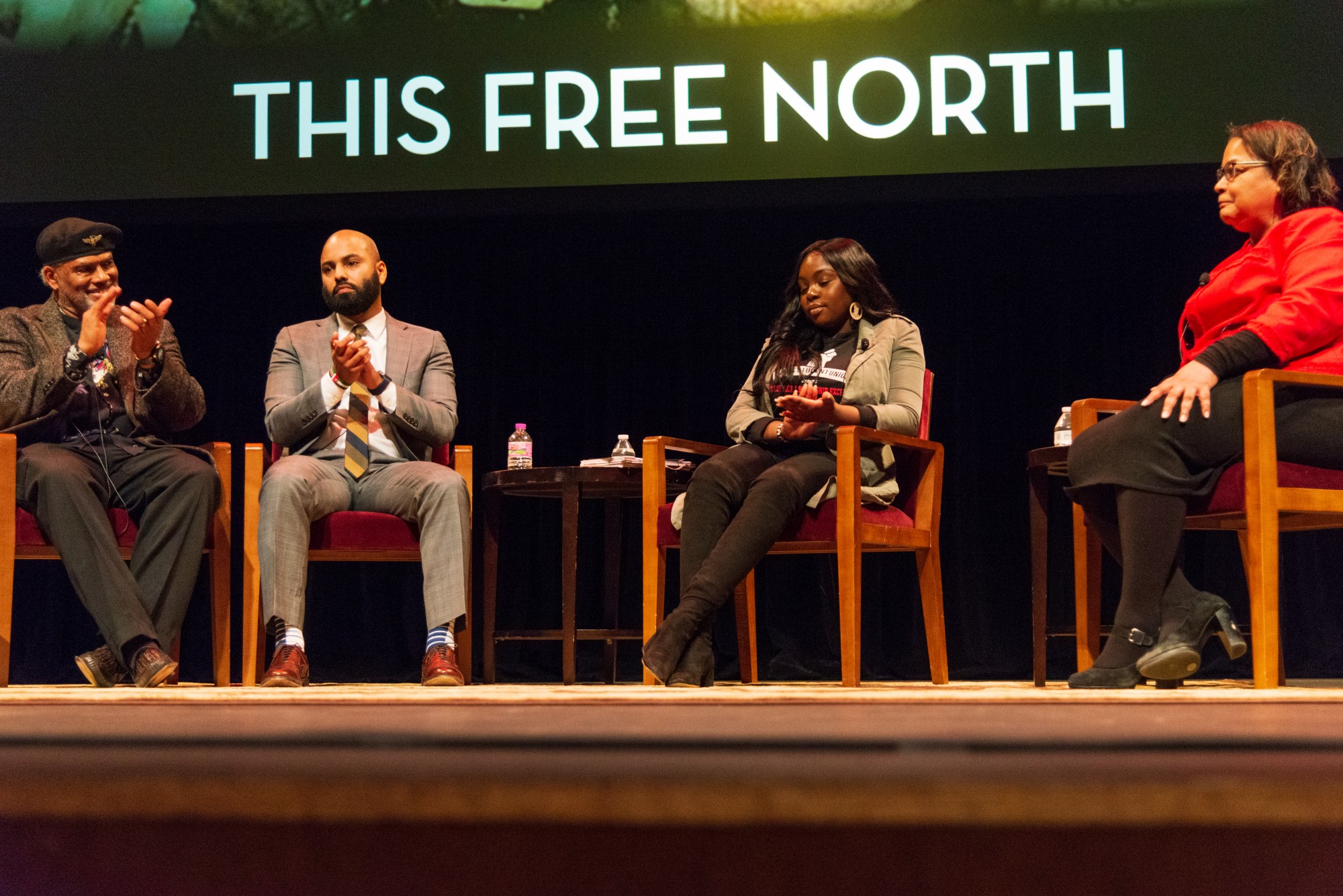 Panelists, from left, John Wright, Abdul Omari, Sharon Ogata, and Makeda Zulu-Gillespie discuss the “This Free North” documentary at Northrop Auditorium on Tuesday, Feb. 18. The event included a documentary premiere and a discussion about black history at the University of Minnesota.