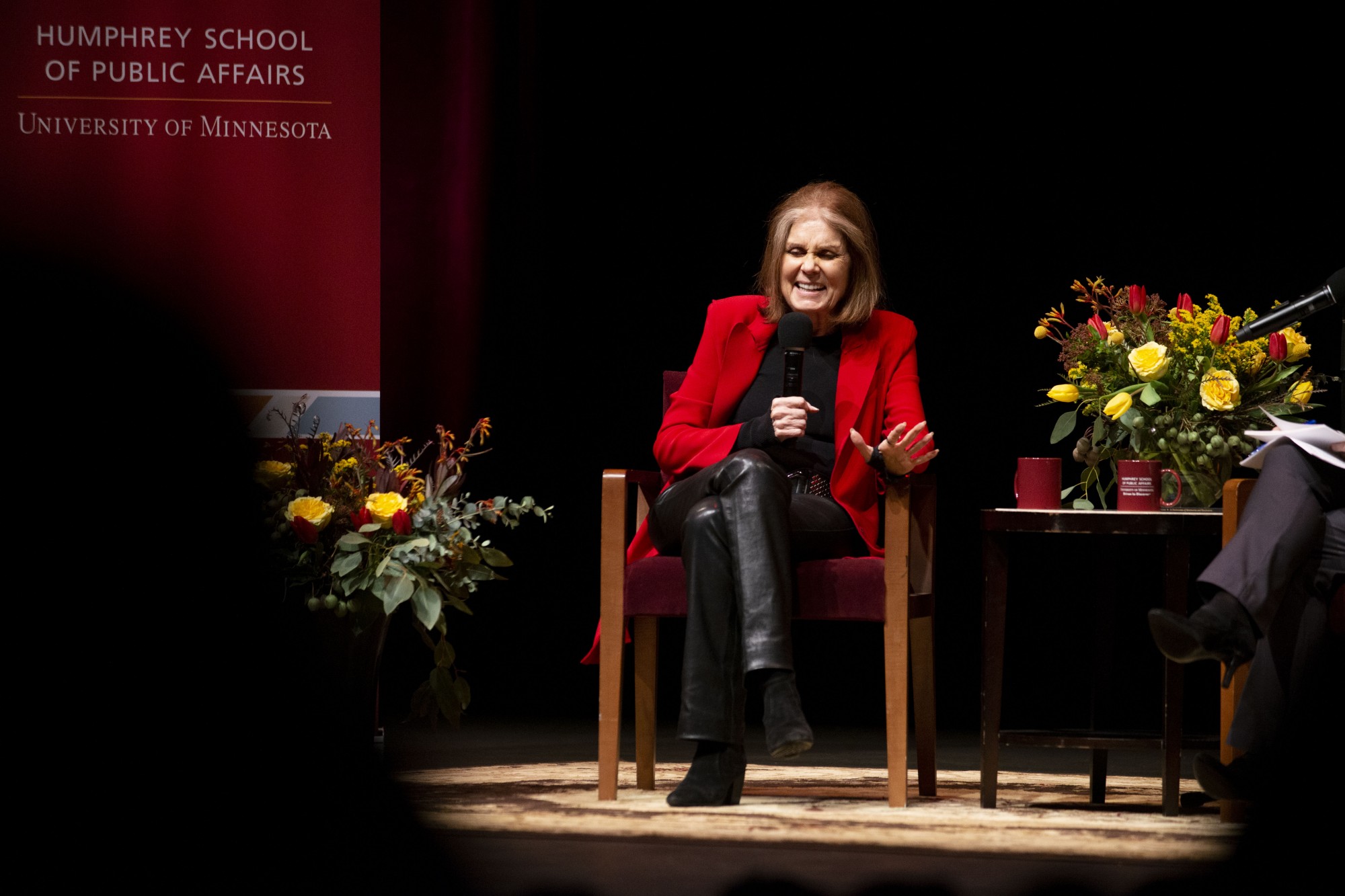 Writer, political activist and feminist organizer Gloria Steinem speaks onstage during a moderated discussion at Northrup Auditorium on Weds, Feb. 20. 