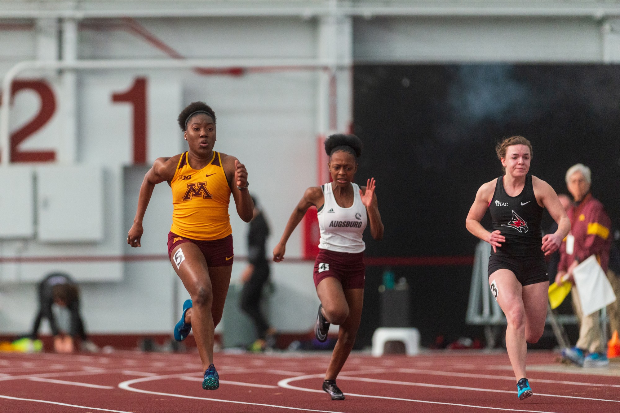 Gophers Freshman Akilah Lewis competes in the sixty meter dash at the Minnesota Cold Classic at the University of Minnesota Fieldhouse on Friday, Feb. 21.