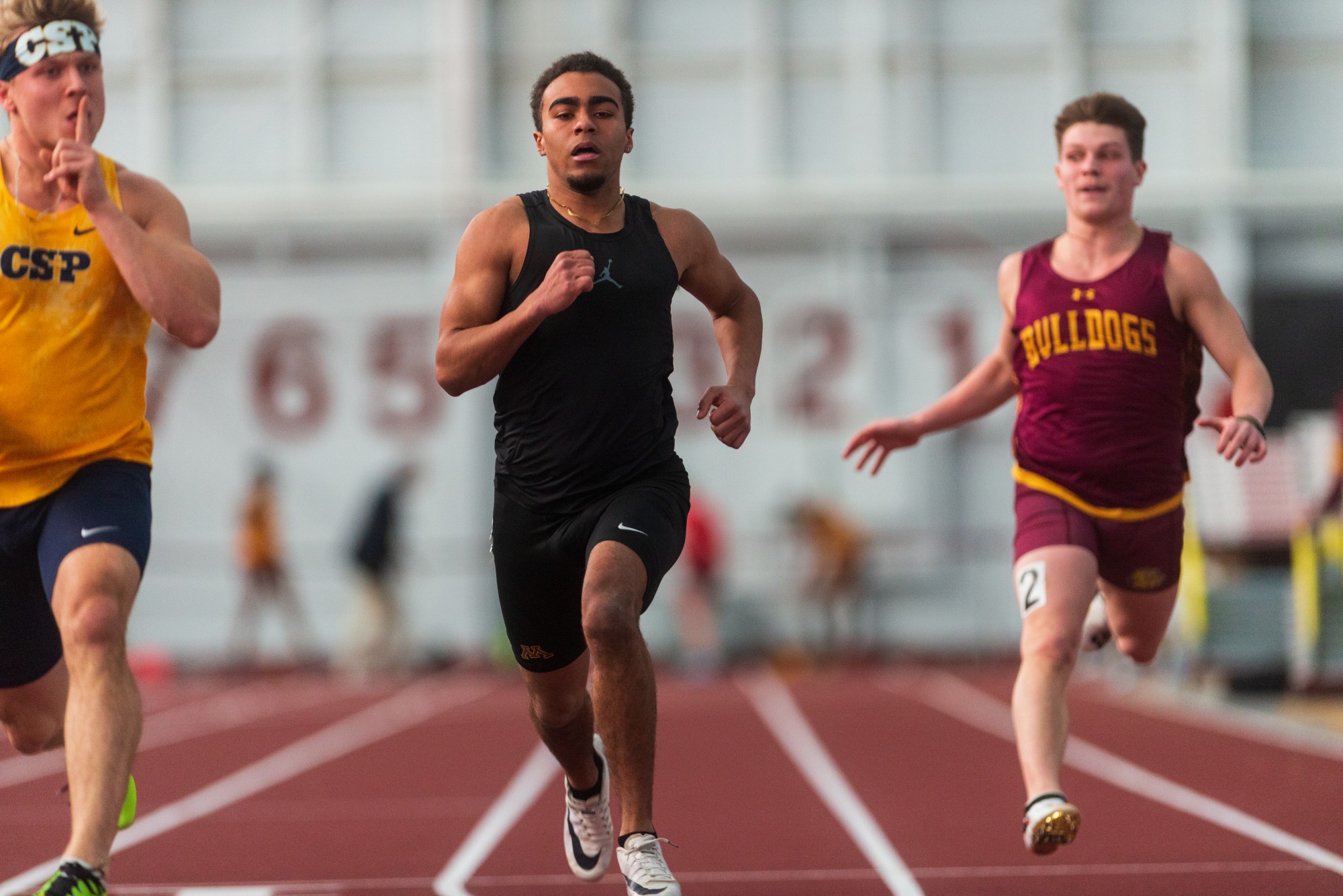 Gophers Freshman Marquesz Clerveaux competes unattached in the sixty meter dash at the Minnesota Cold Classic at the University of Minnesota Fieldhouse on Friday, Feb. 21.