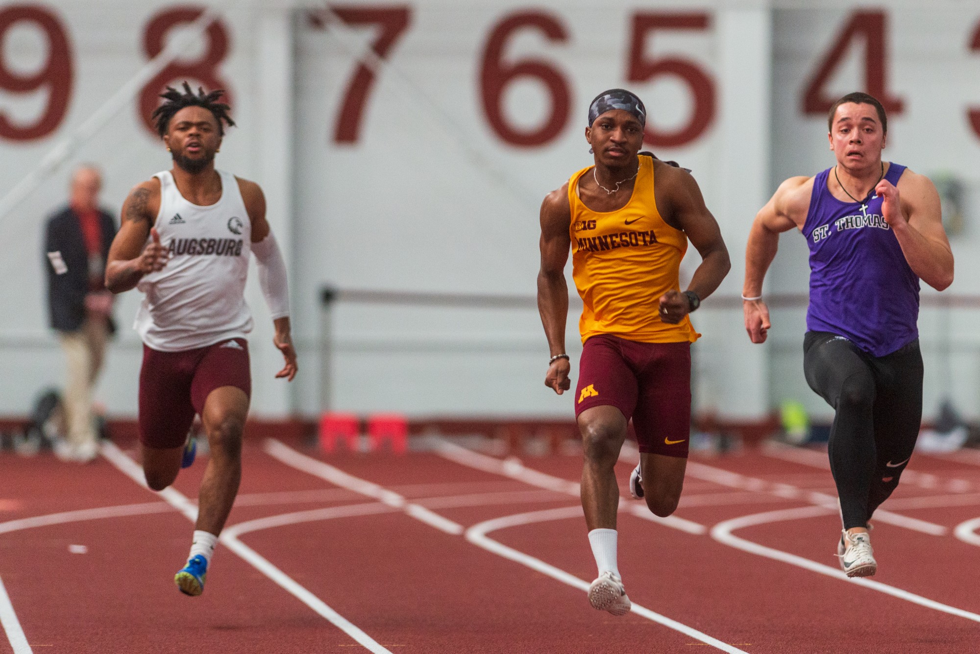 Gophers Freshman Kion Benjamin competes in the sixty meter dash at the Minnesota Cold Classic at the University of Minnesota Fieldhouse on Friday, Feb. 21.