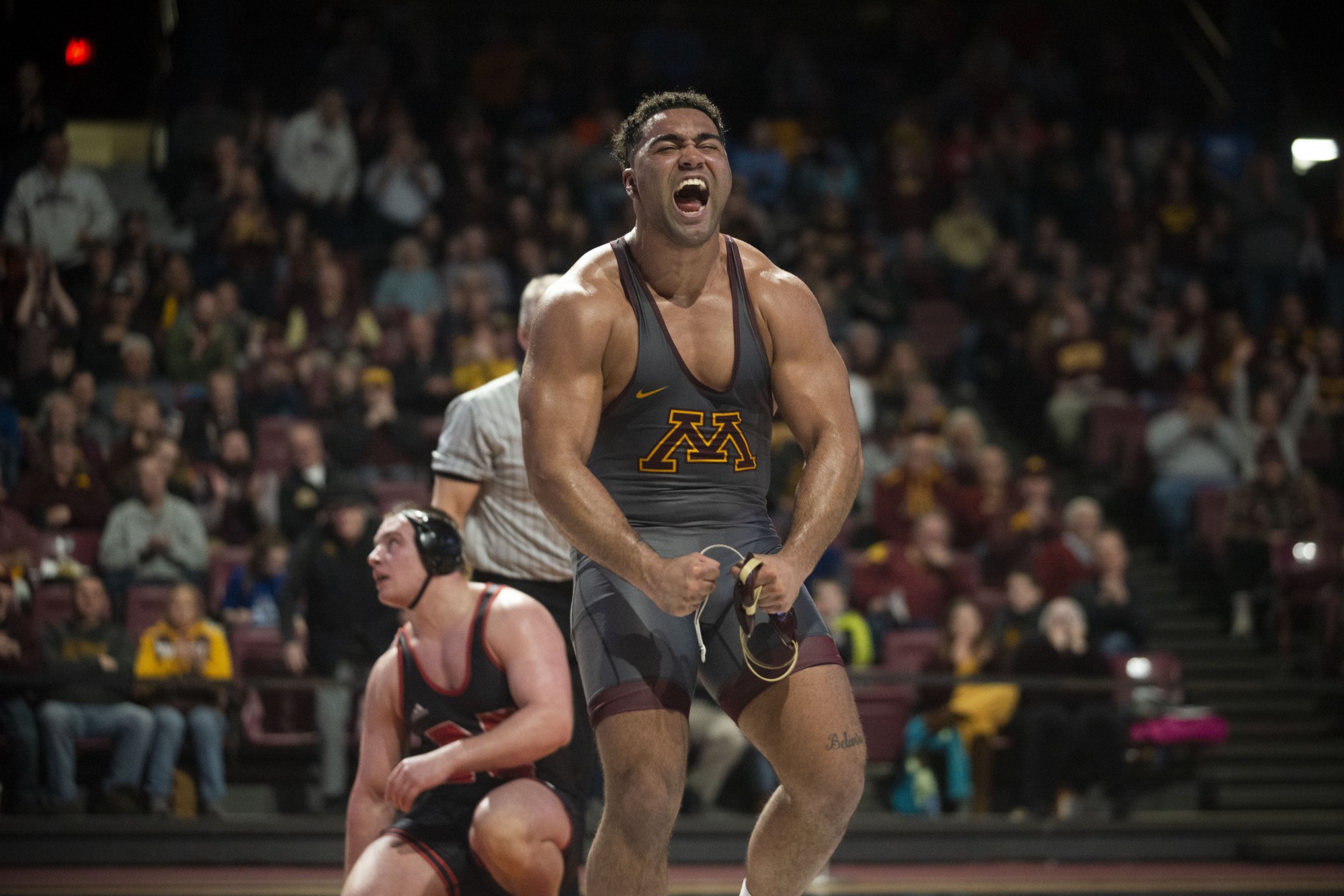 Sophomore Gable Steveson celebrates after a winning a match during the meet against Nebraska at the Maturi Pavilion on Friday, Feb. 21. 