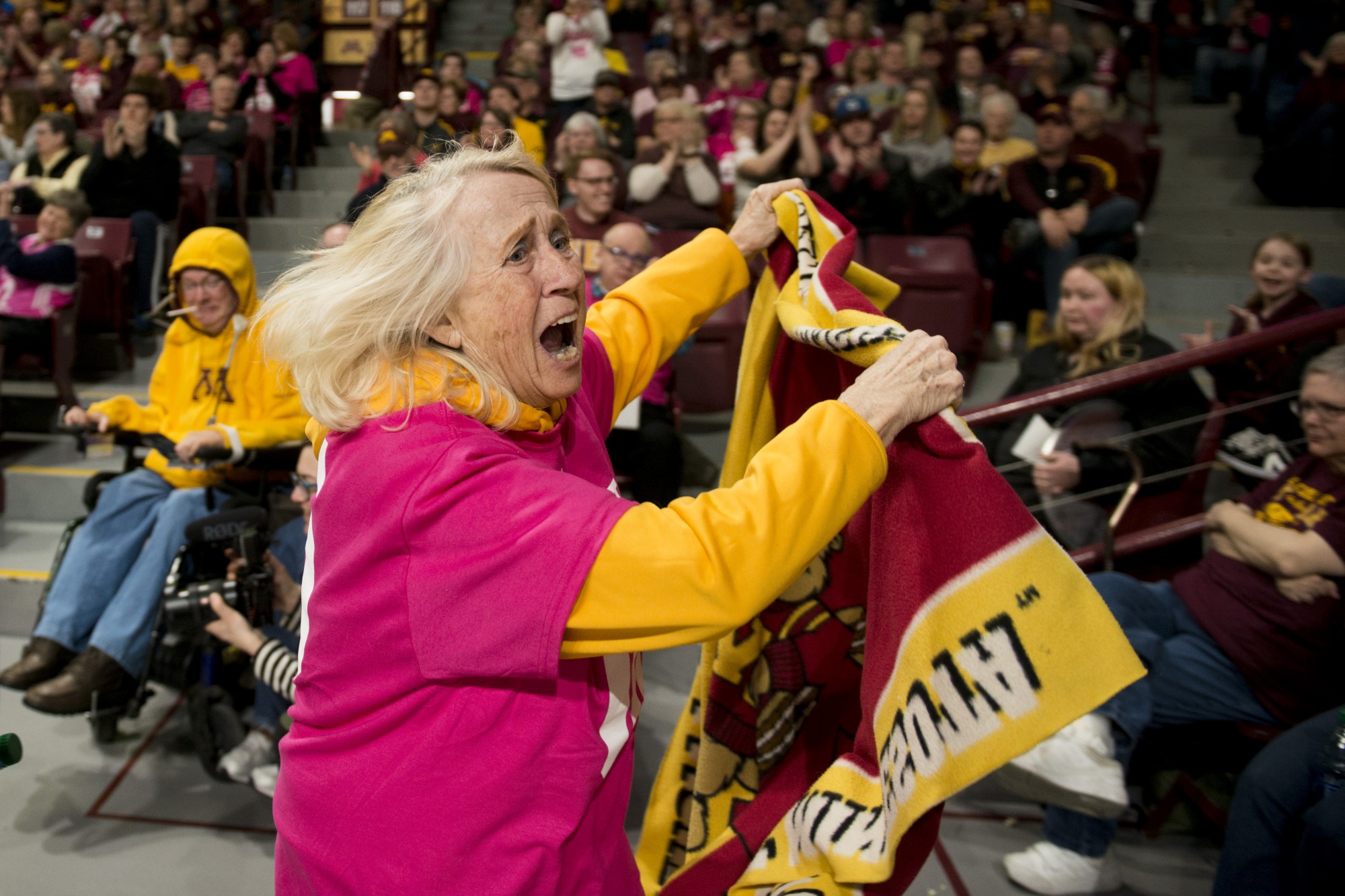 The Blanket Lady makes her rounds across the perimeter of Williams Arena during the Gophers 75-69 loss to Indiana on Saturday, Feb. 22. 
