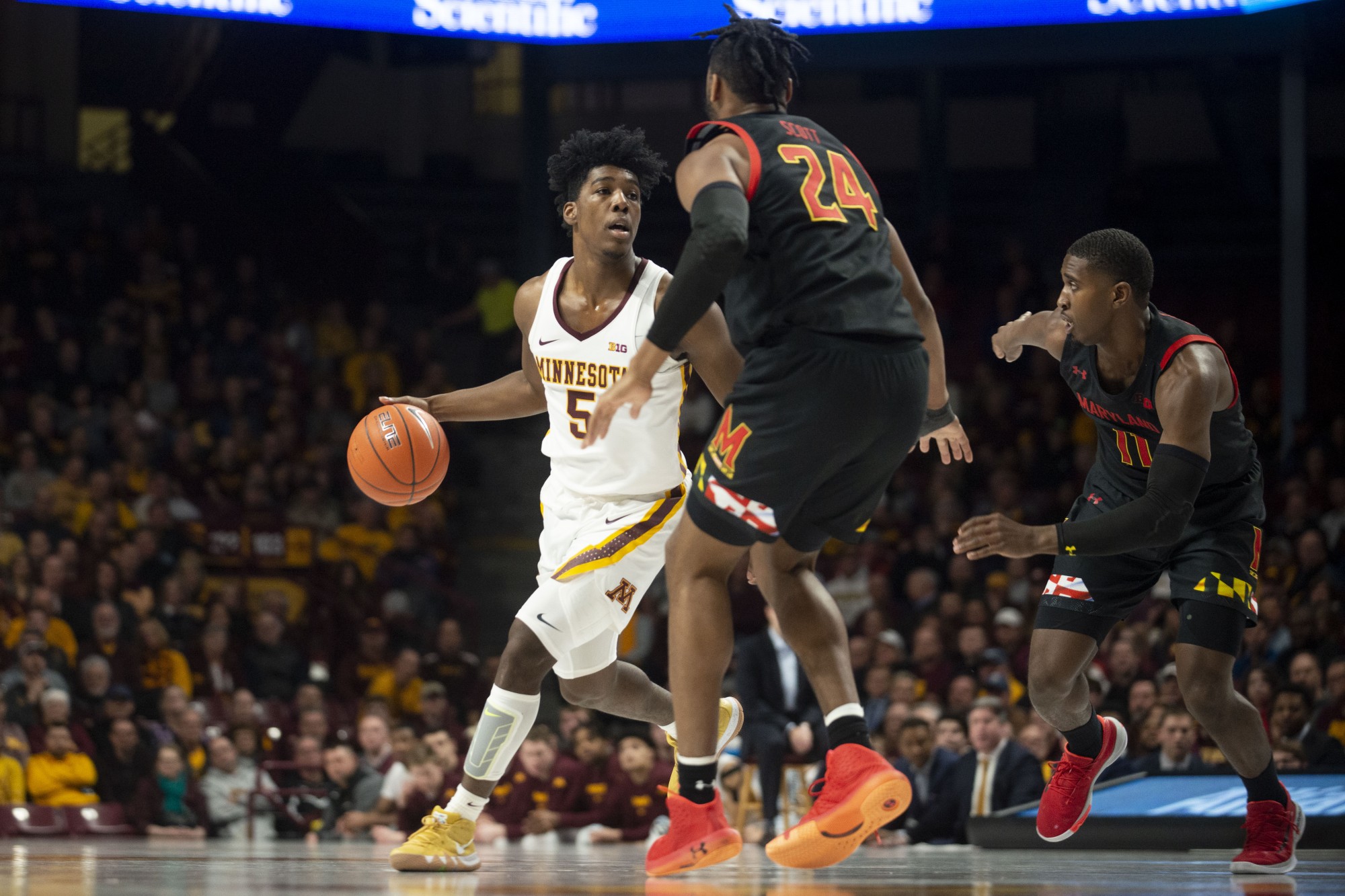 Guard Marcus Carr brings the ball up the court at Williams Arena on Wednesday, Feb. 26. The Gophers finished the half with a 47-31 lead over the Maryland Terrapins. 