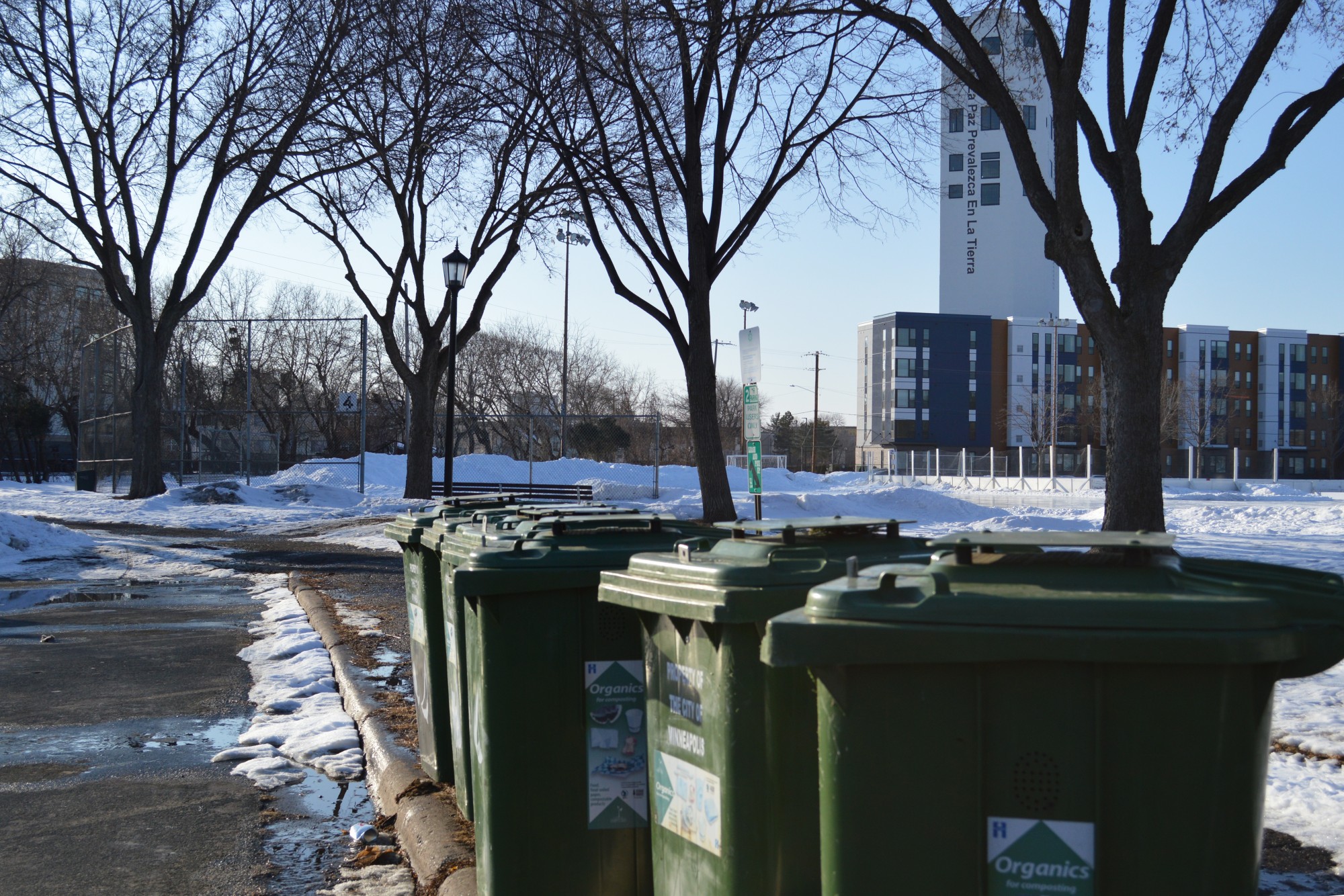 Community use organics drop-off bins are seen at Van Cleve Park on Friday, Feb. 21. 