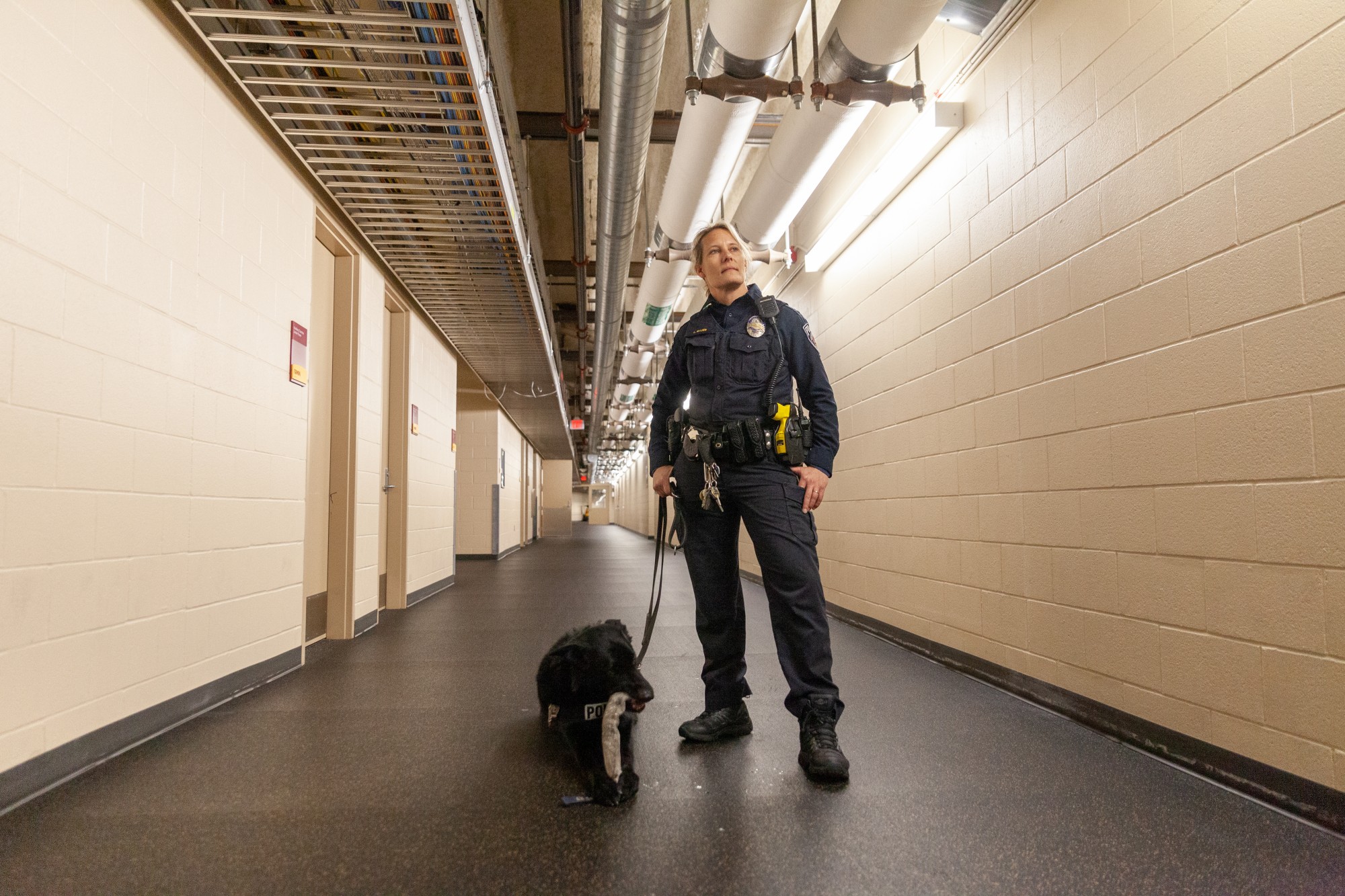 UMPD K-9 Patrol Officer Lara Bauer stands with her dual purpose canine Rio at TCF Bank Stadium on Tuesday, Feb. 25. Prior to serving as a dog handler, Bauer was a member of the Universitys mounted patrol unit, which was disbanded in 2012.