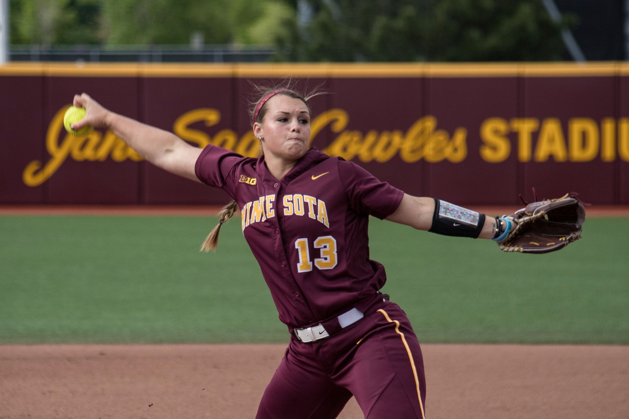 Junior Amber Fiser pitches during the game against Louisiana State University on Saturday, May 25, 2019 at the Jane Sage Cowles Stadium. (Jasmin Kemp / Minnesota Daily)