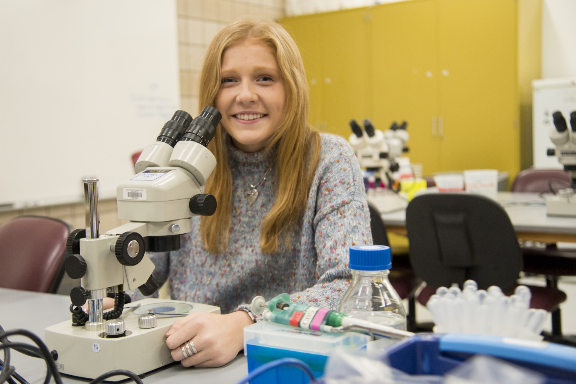 Student Researcher Paiton Schwab, who conducts brain research with Ted Hinchcliffe, poses for a portrait in the Molecular and Cellular Biology building on Friday, Feb. 28.
