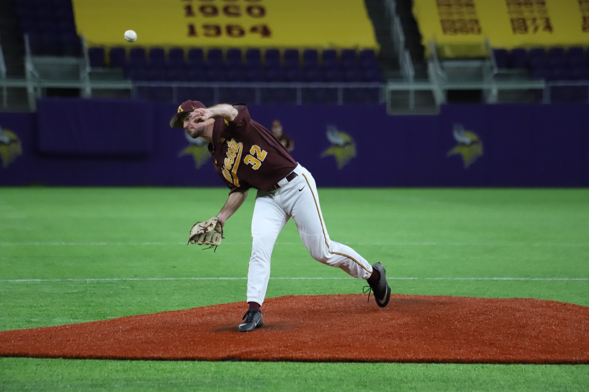 Gophers Pitcher Bubba Horton throws a pitch at U.S Bank Stadium on Saturday, Feb. 29. The Gophers fell to Duke 3-7.