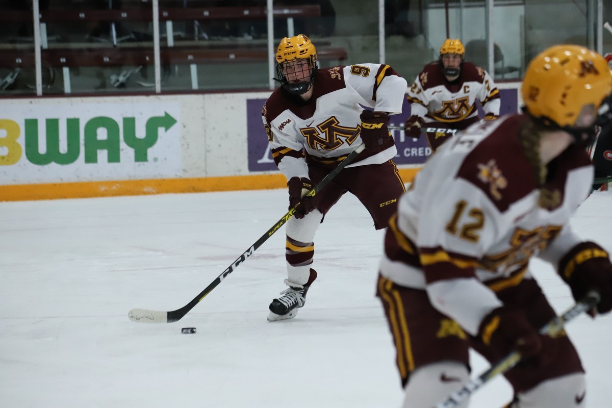 Gophers Forward Taylor Heise lines up a pass at Ridder Arena on Friday, Feb. 28. The Gophers scored two power-play goals on the way to a 4-2 victory over St. Cloud State.