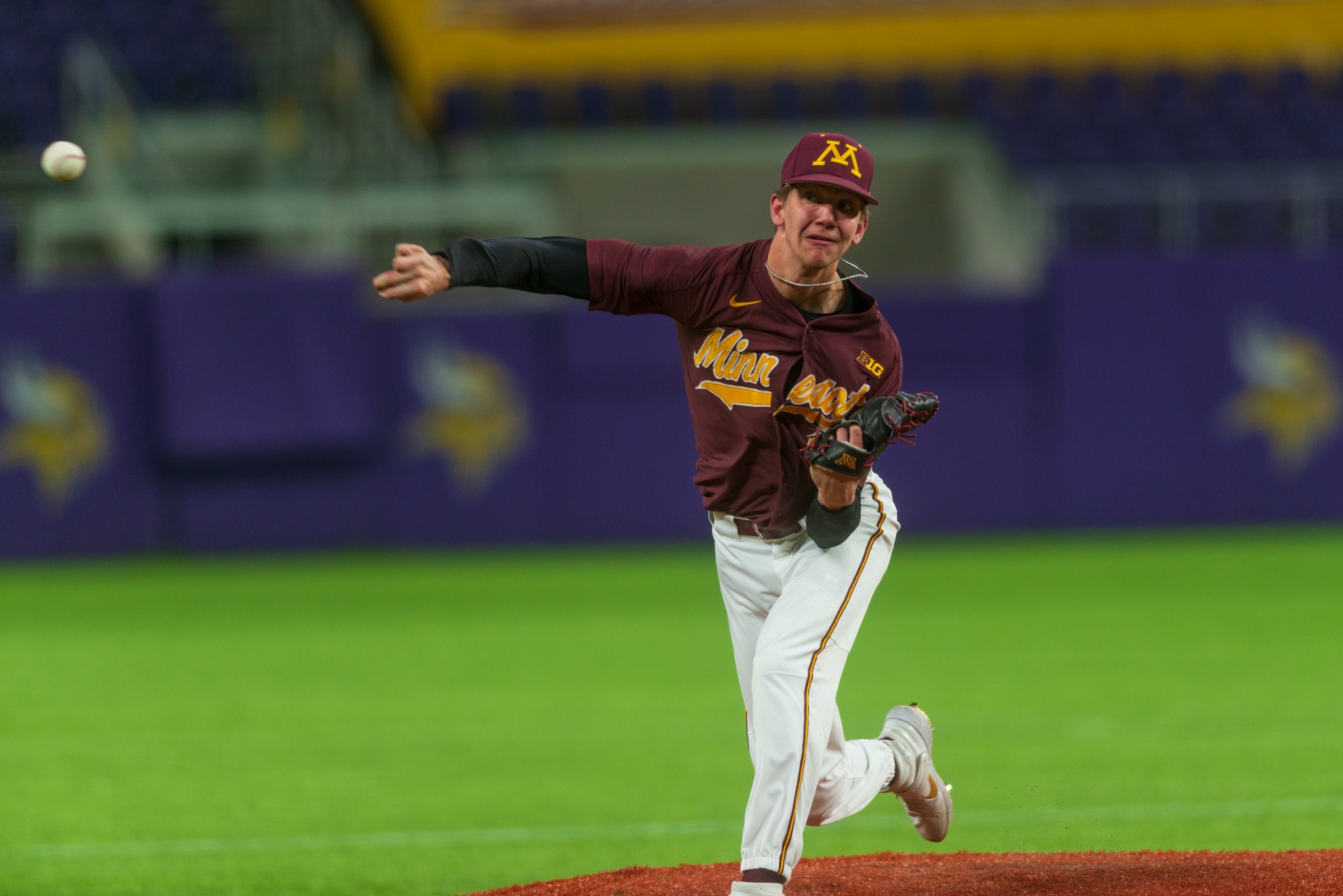 Gophers Pitcher Trent Schoeberl launches a pitch at U.S. Bank Stadium on Tuesday, March 3.