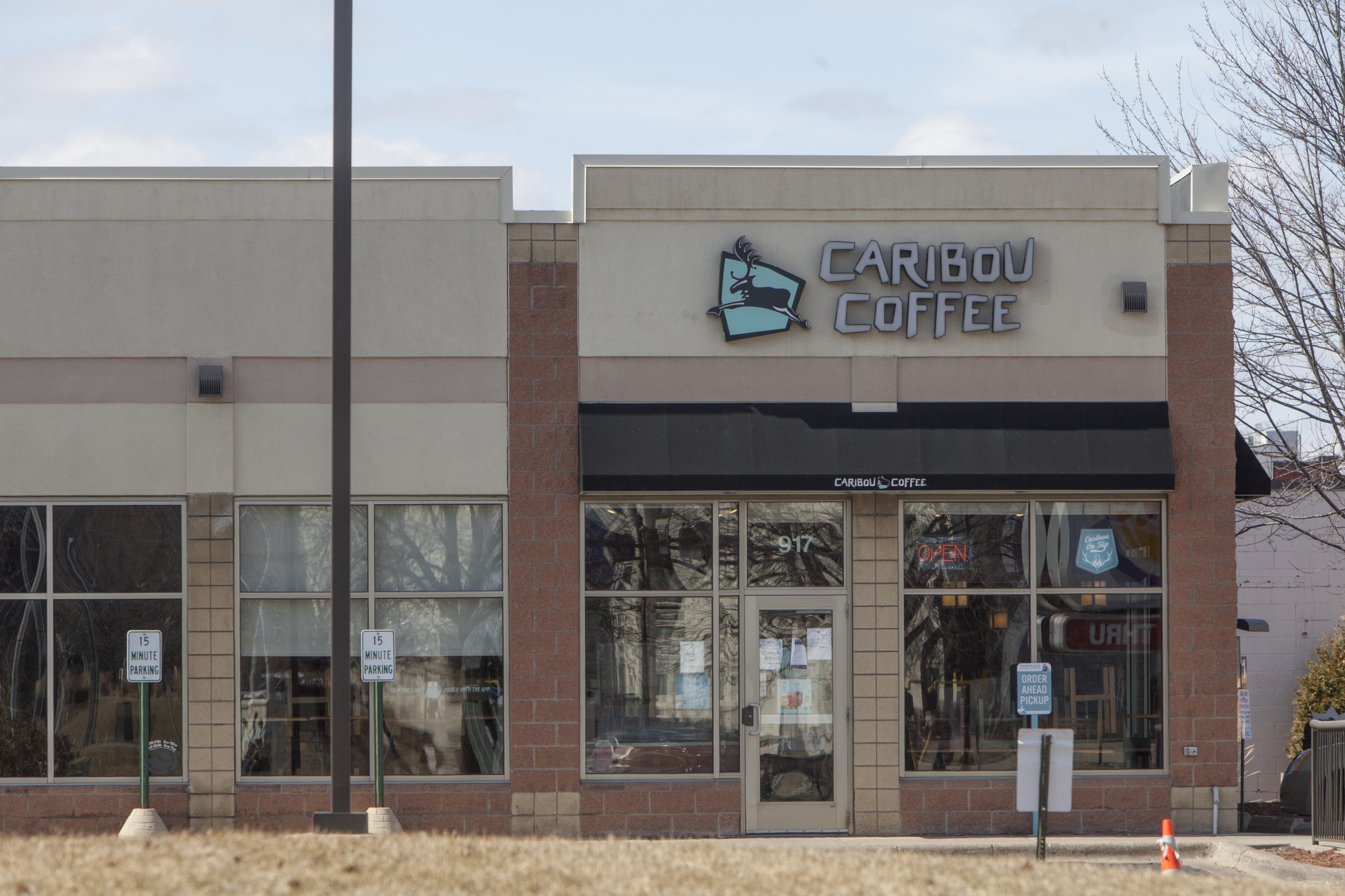 A Caribou Coffee location on the Universitys East Bank campus remains open for take-out orders on Saturday, March 21.